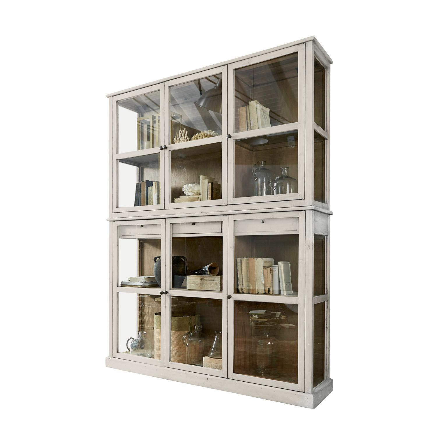 blanc vieilli Buffet Blaise en bois blanc antique avec portes vitrées, étagères pour livres et décorations
