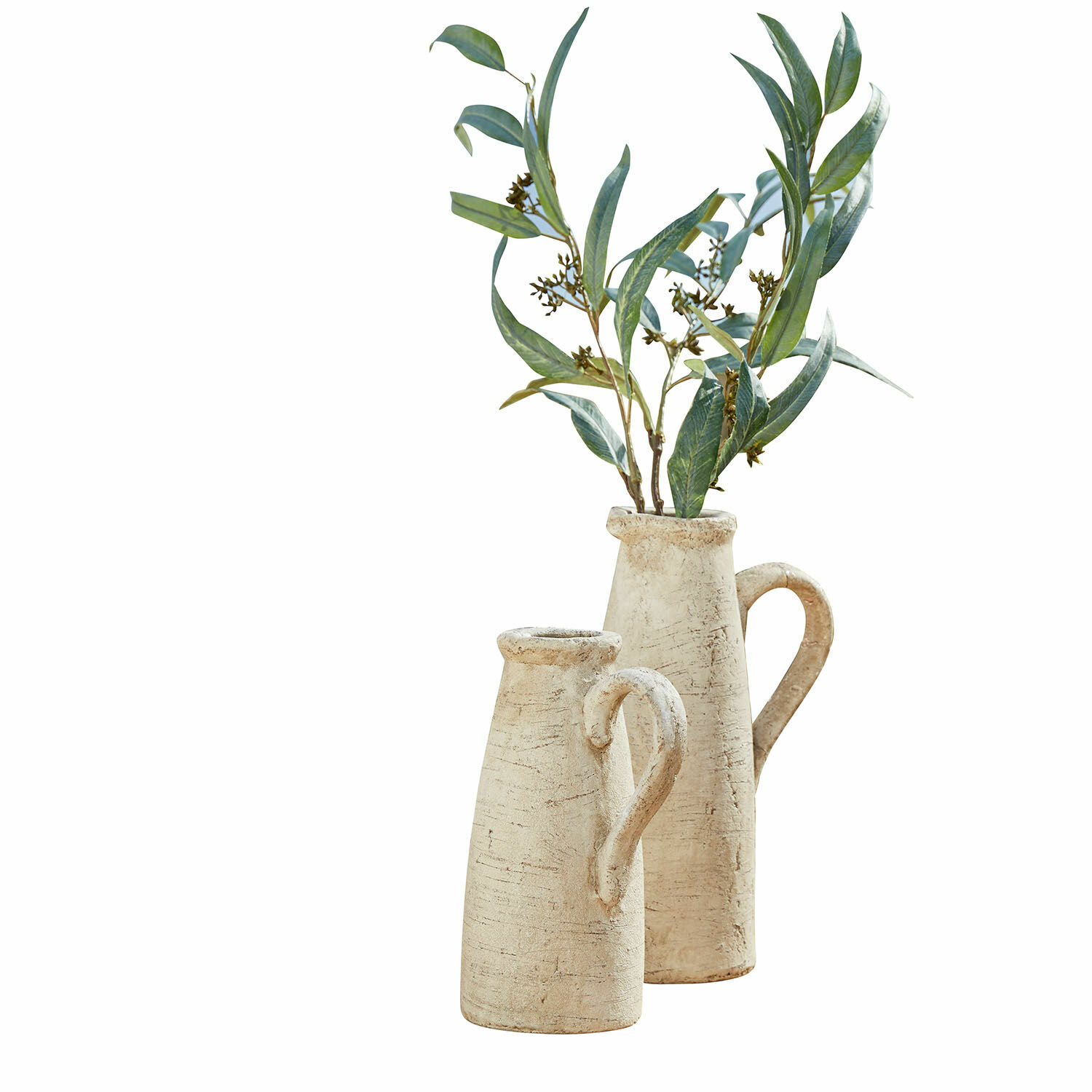Lot de 2 pichets décoratifs Lilette Ensemble de deux vases en céramique beige avec anses, plante décorative verte