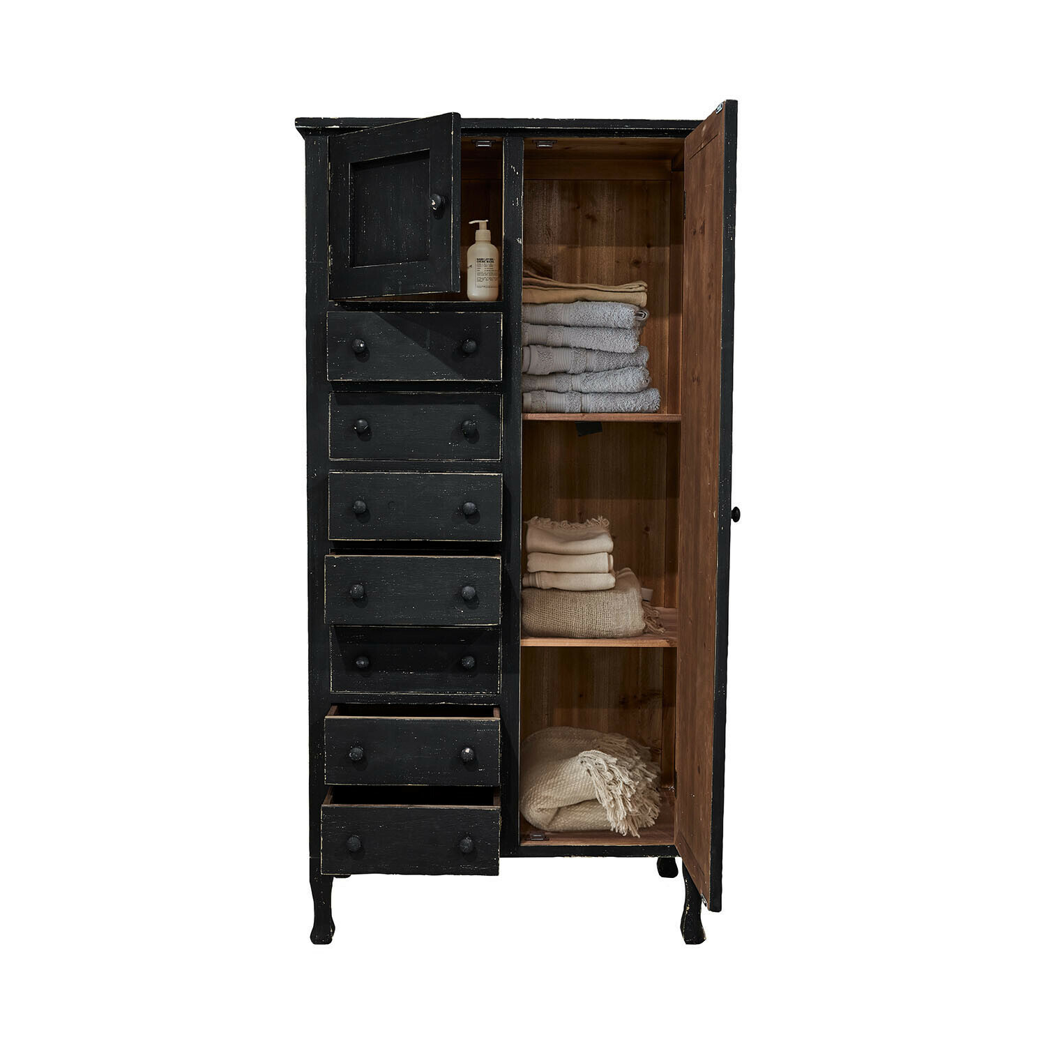 Armoire Amourien Armoire noire en bois avec tiroirs et étagères, serviettes pliées et flacon de lotion, meuble de rangement