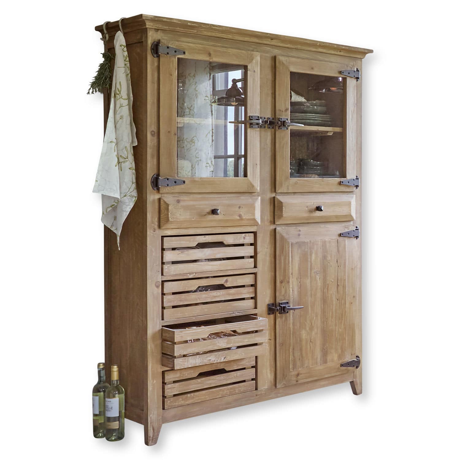 Buffet Stonehenge Armoire en bois naturel avec tiroirs et portes vitrées pour rangement dans la cuisine rustique