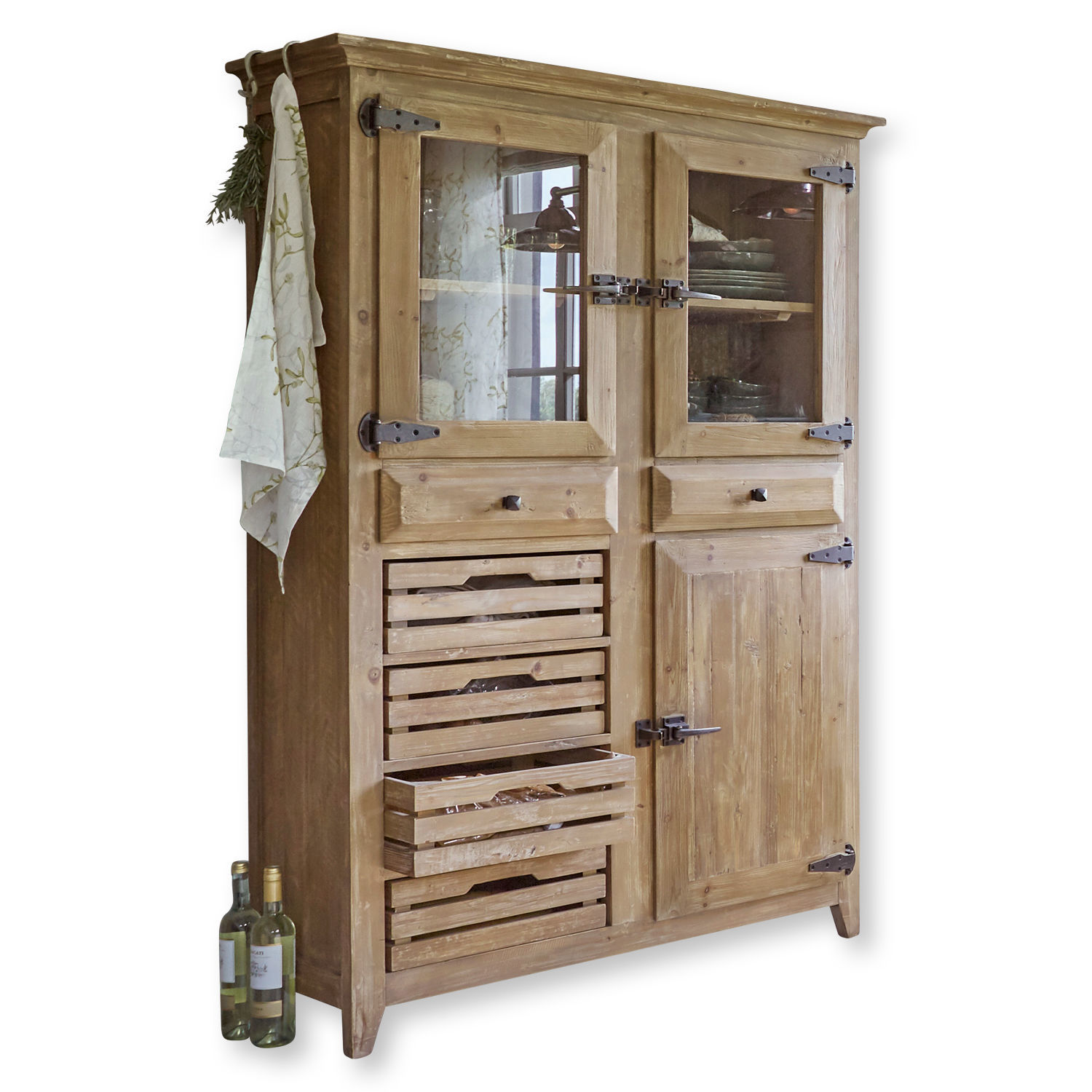 Buffet Stonehenge Armoire en bois naturel avec tiroirs et portes vitrées pour rangement dans la cuisine rustique