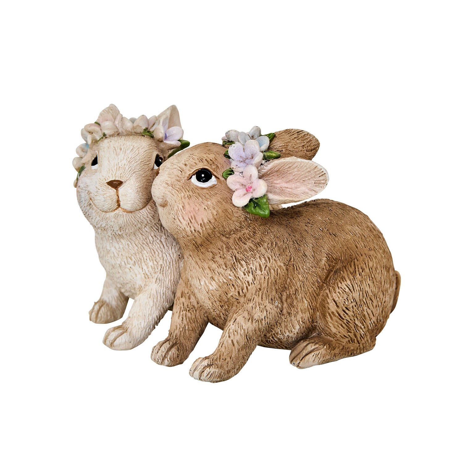 Lapins Willowmare Deux figurines de lapins décoratifs en matériau effet bois avec couronnes de fleurs pastel
