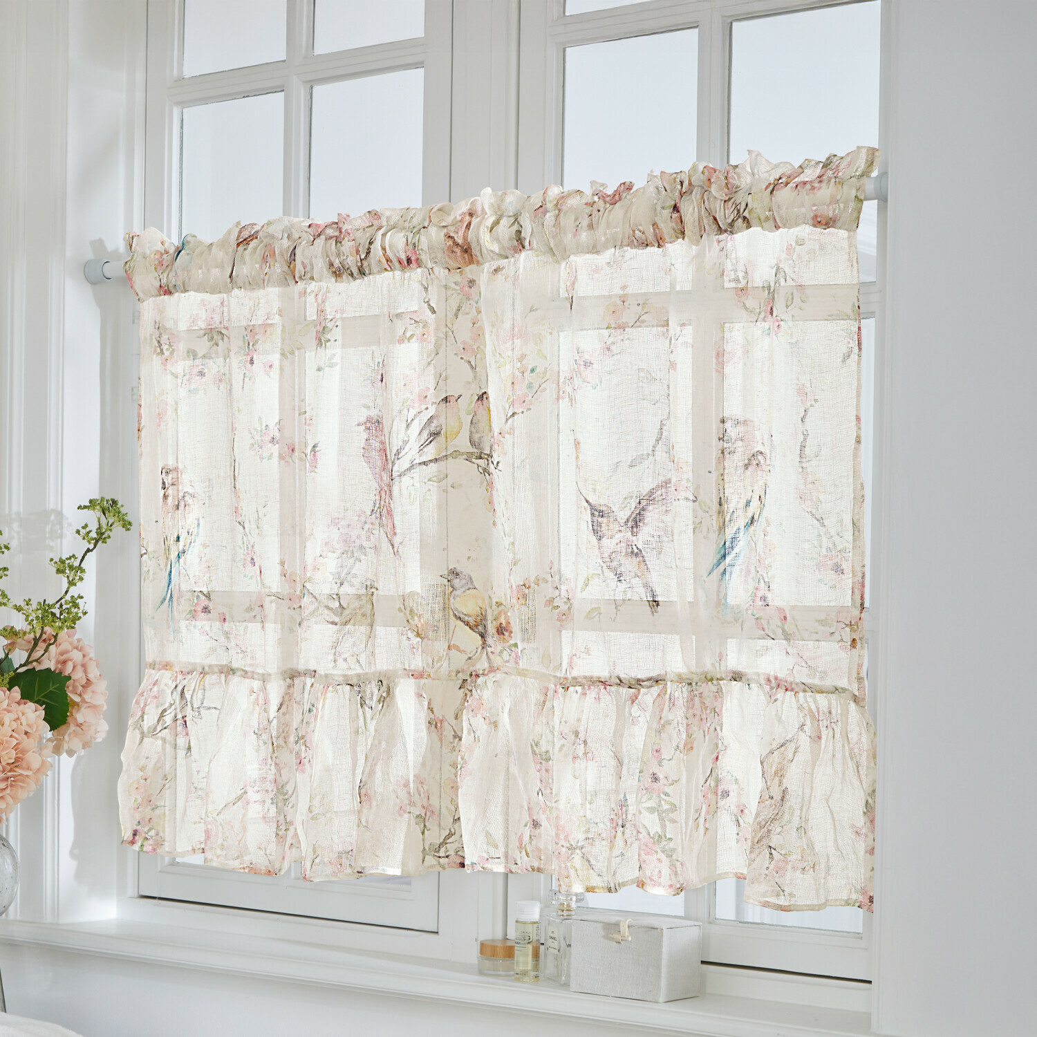 Brise-bise Eronal Voilage transparent en tissu léger crème avec motif oiseaux et fleurs pour fenêtre de salon