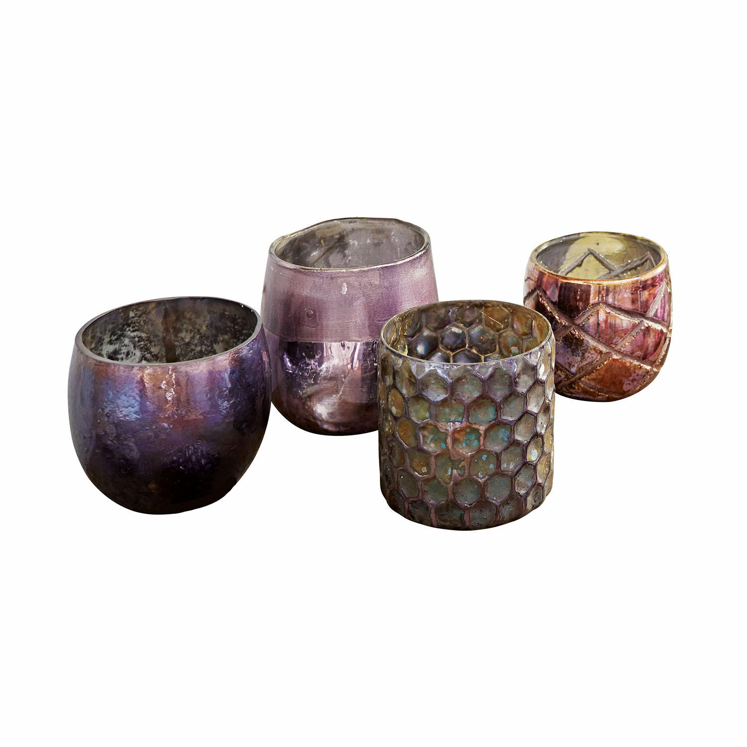 violet Ensemble de 4 photophores en verre violet avec textures variées, décoration et éclairage intérieur
