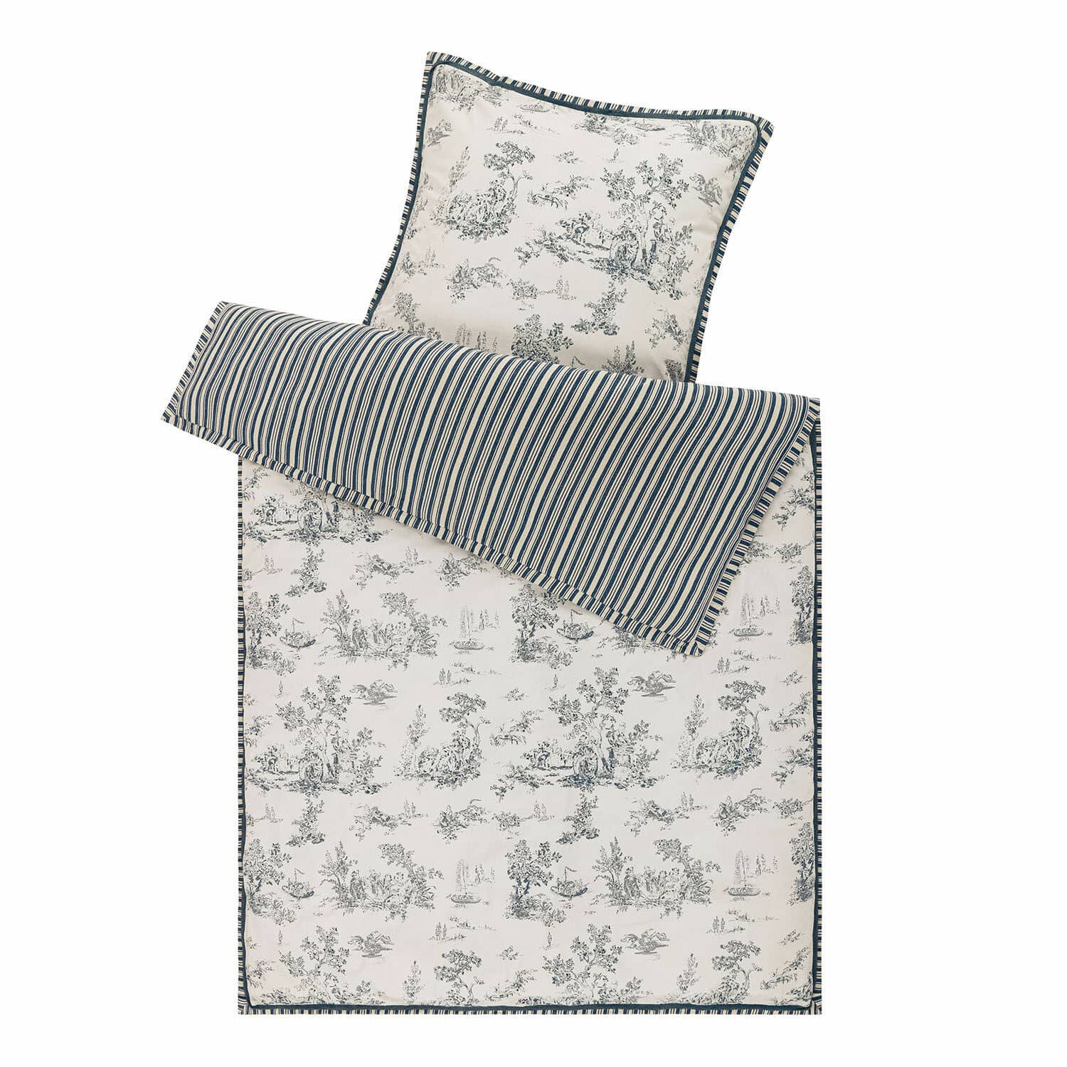 Parure de lit Felencio Parure de lit en coton avec motifs paysage bleu et blanc et rayures, ensemble décoratif pour chambre à coucher