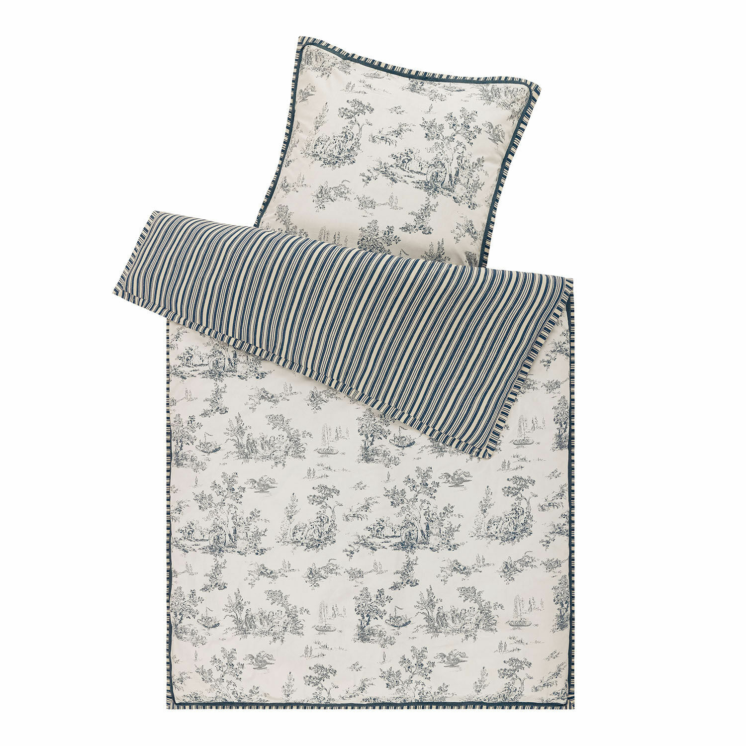 Parure de lit Felencio Parure de lit en coton avec motifs paysage bleu et blanc et rayures, ensemble décoratif pour chambre à coucher