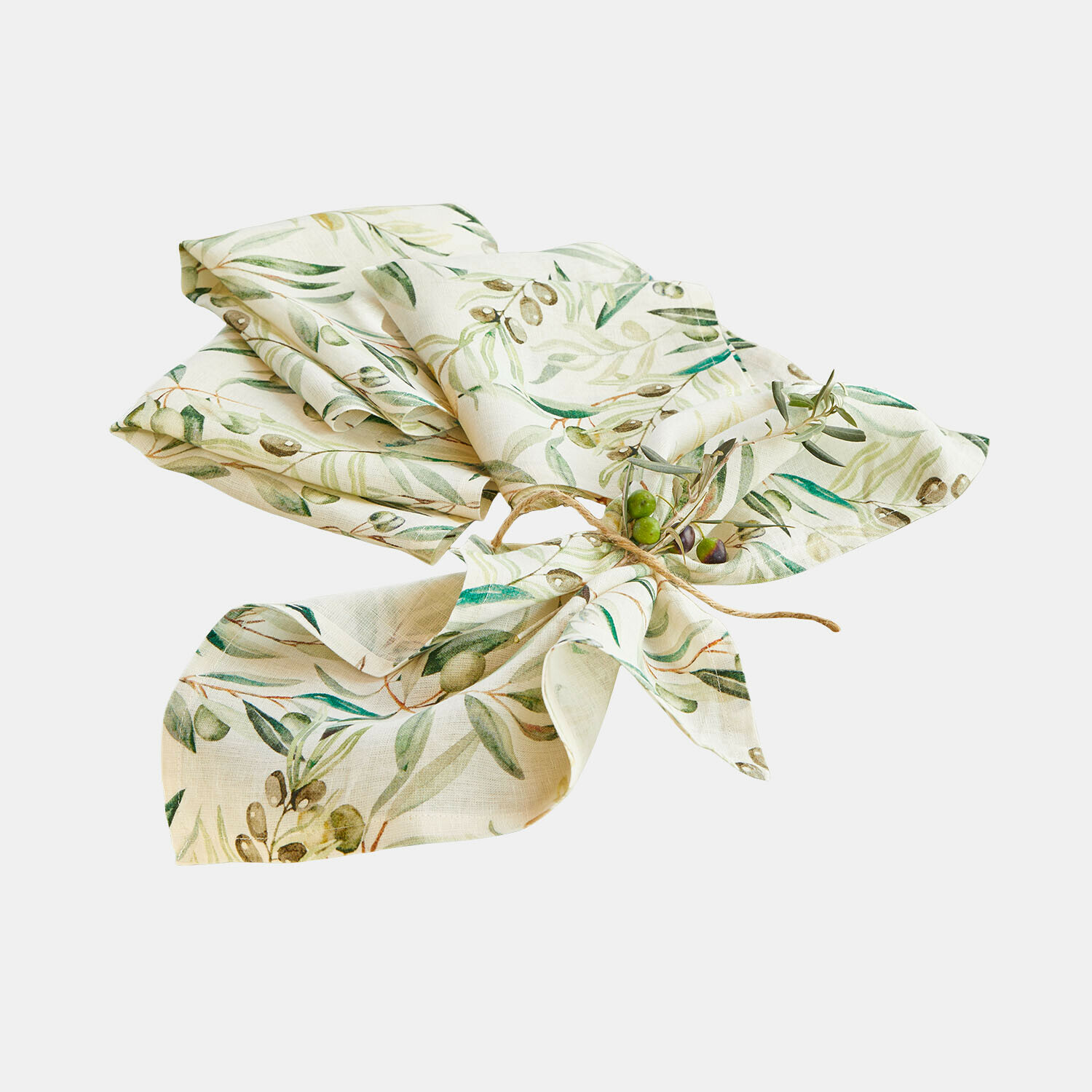 Lot de 4 serviettes Nolaria Serviette en lin crème avec motif d'olives vertes, décoration élégante pour table