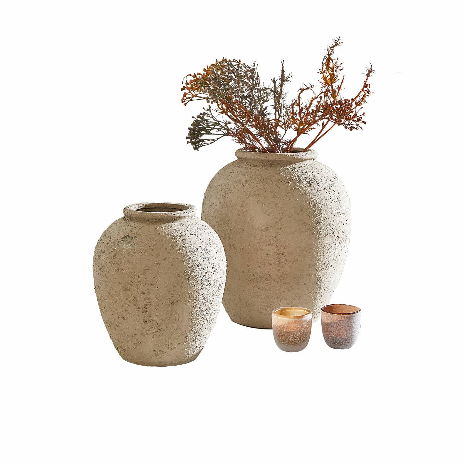 Lot de 2 vases Zaviro Ensemble de deux vases en céramique beige texturée avec deux petits photophores décoratifs