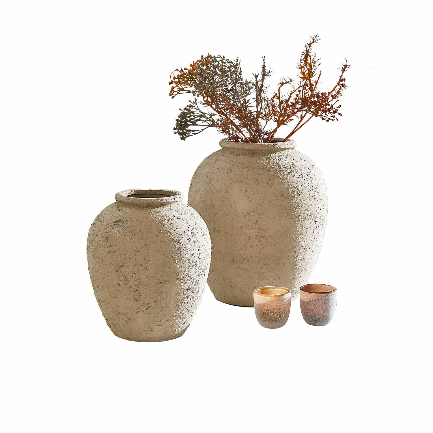 Lot de 2 vases Zaviro Ensemble de deux vases en céramique beige texturée avec deux petits photophores décoratifs