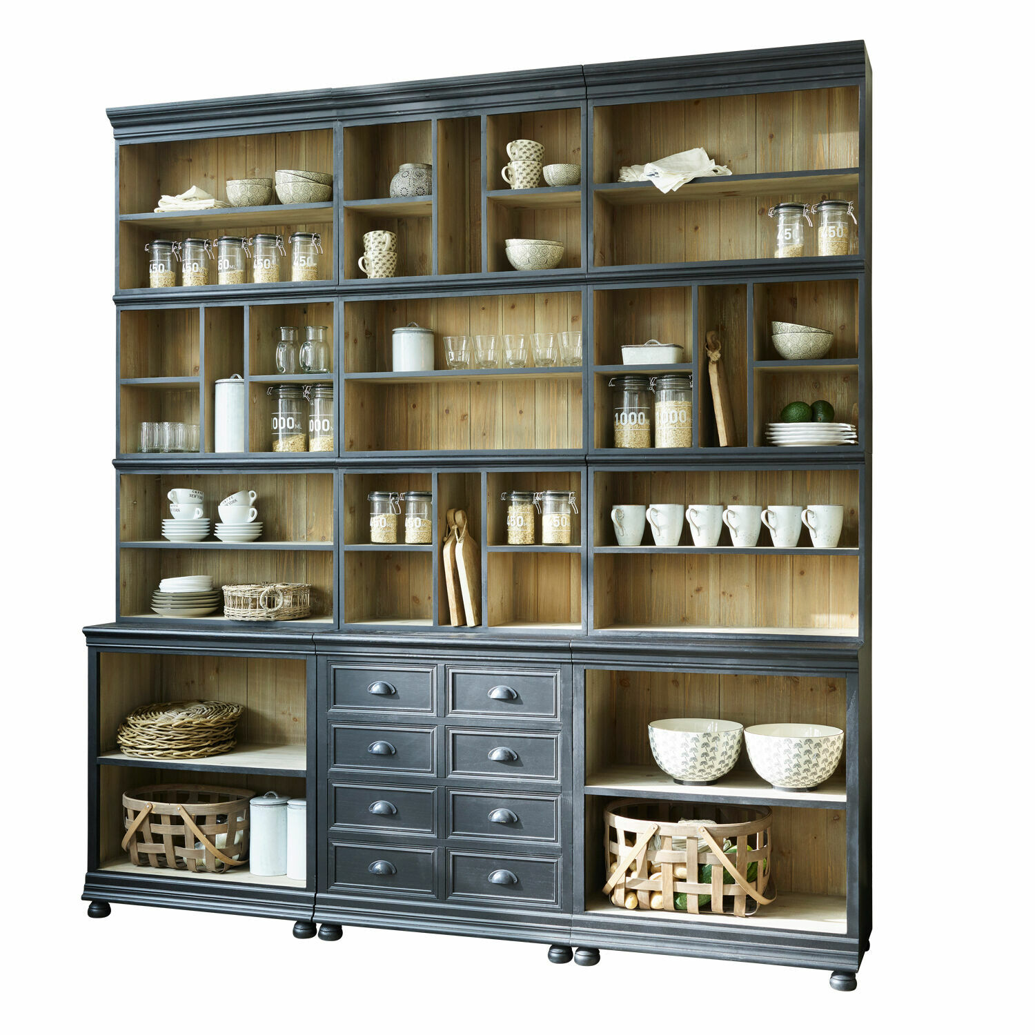 noir Grand meuble noir Shrewsbury en bois avec étagères et tiroirs pour rangement d’accessoires de cuisine