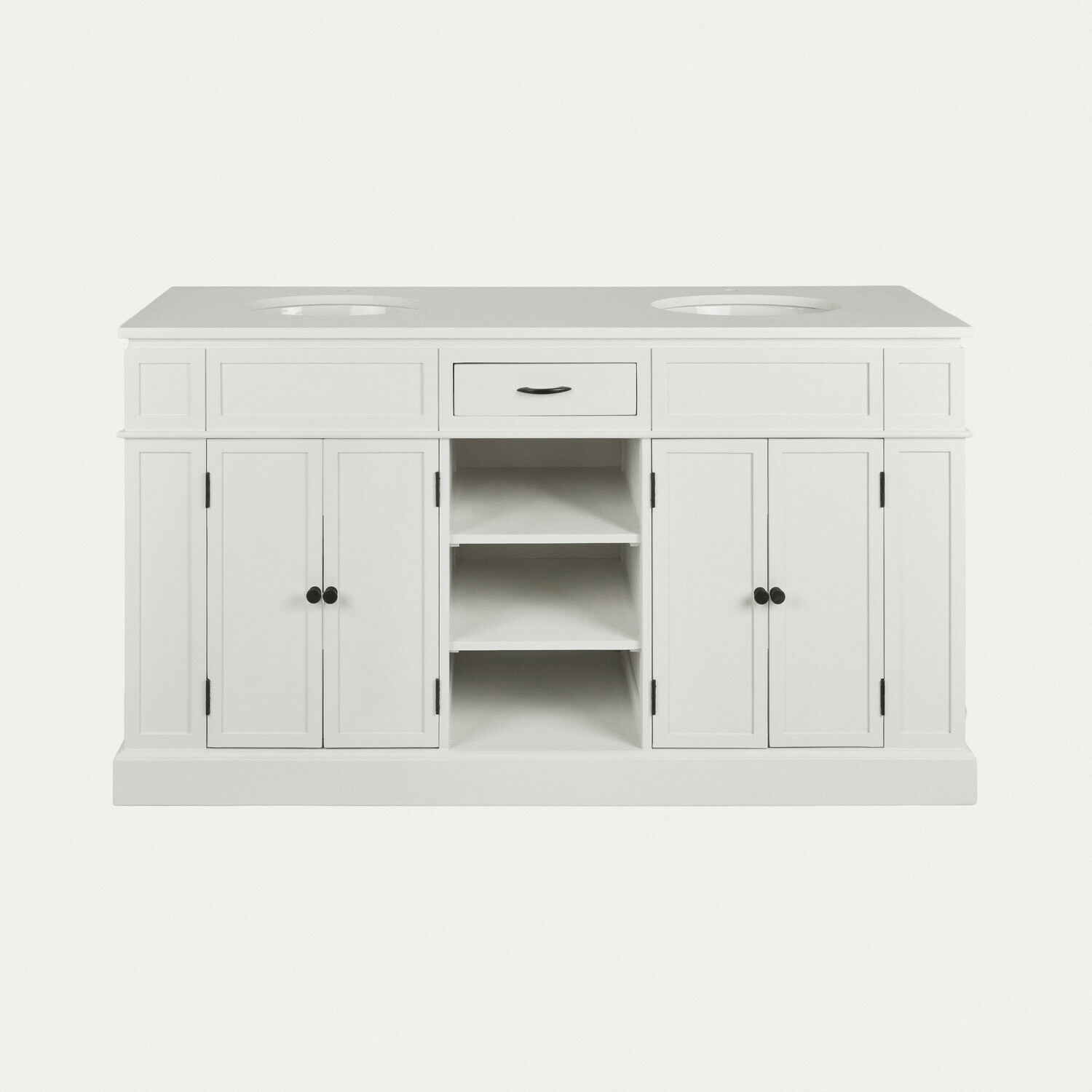 Meuble à double-vasque Lydia Meuble de salle de bain blanc avec deux emplacements pour lavabos et poignées noires, rangement pratique