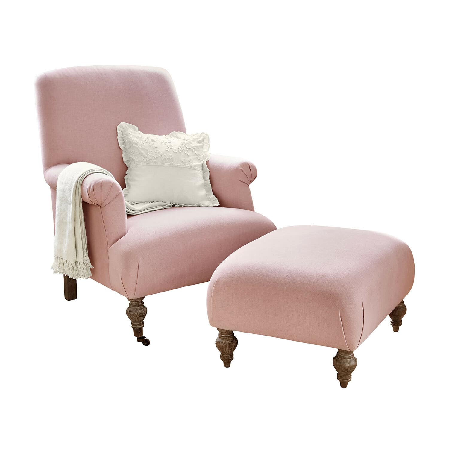 Fauteuil avec repose-pieds Rose de Lumière Fauteuil rose en tissu avec repose-pieds assorti et coussin décoratif blanc à pieds en bois