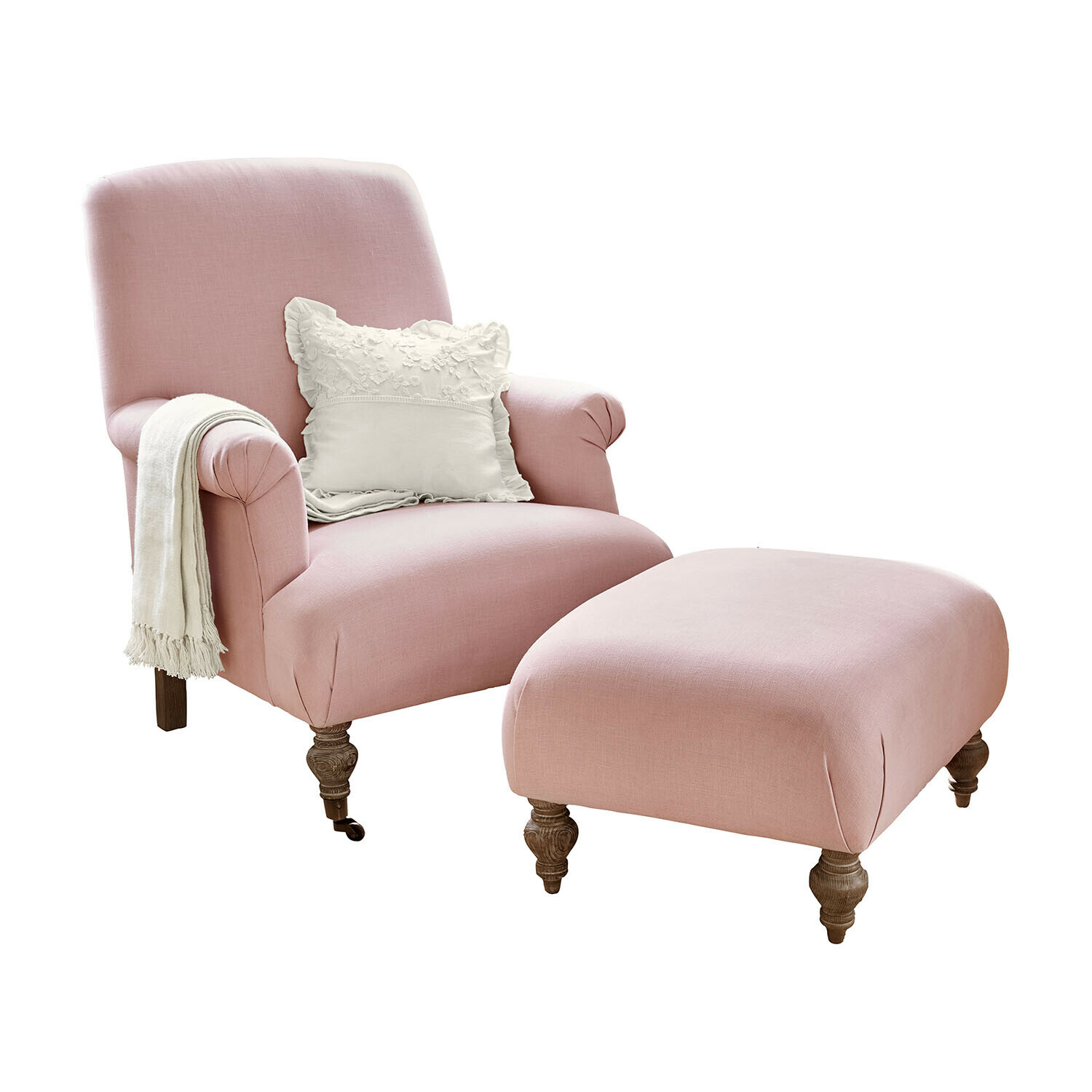 Fauteuil avec repose-pieds Rose de Lumière Fauteuil rose en tissu avec repose-pieds assorti et coussin décoratif blanc à pieds en bois