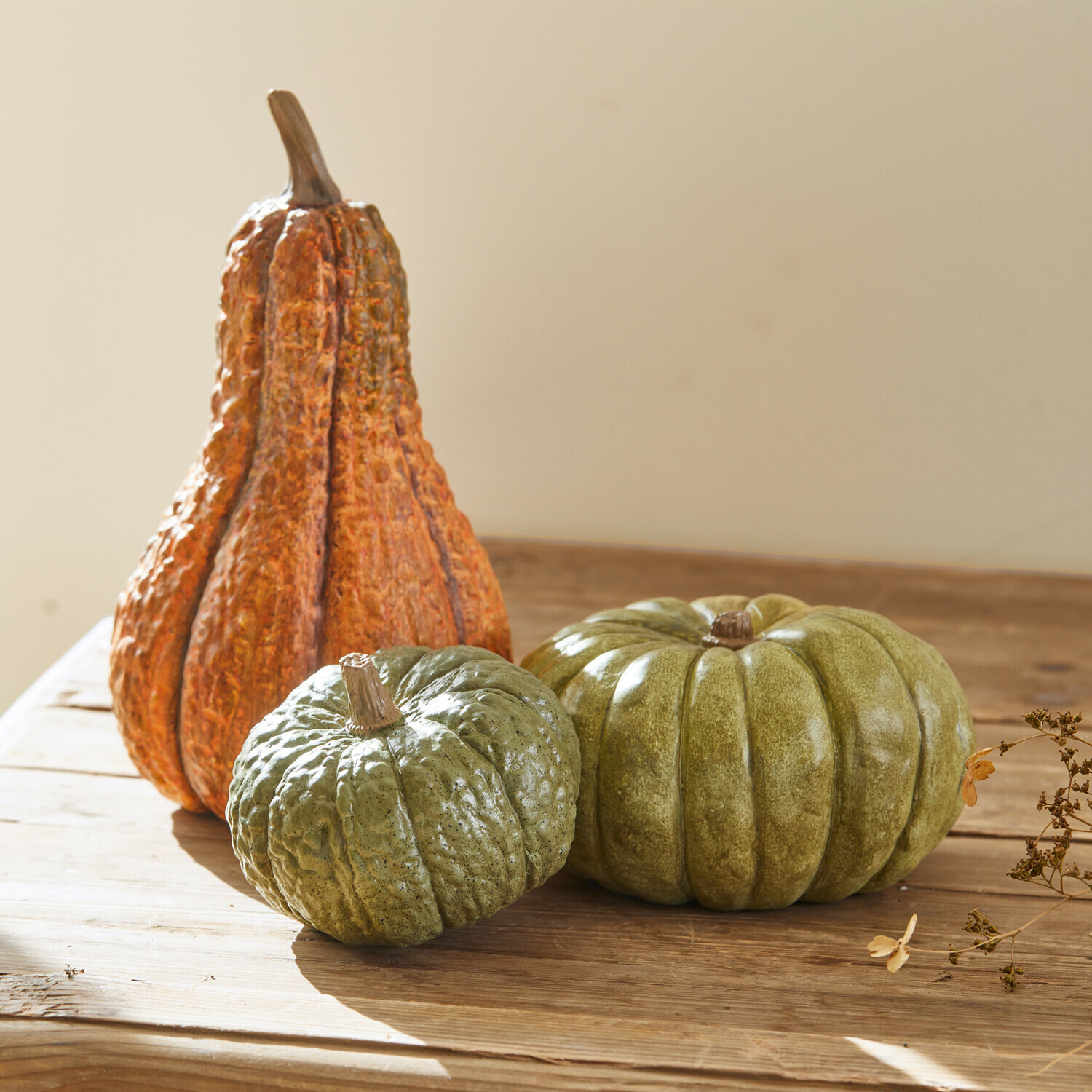 Lot de 3 citrouilles décoratives Raliven Citrouilles décoratives vertes et orange posées sur une table en bois, décoration d'automne