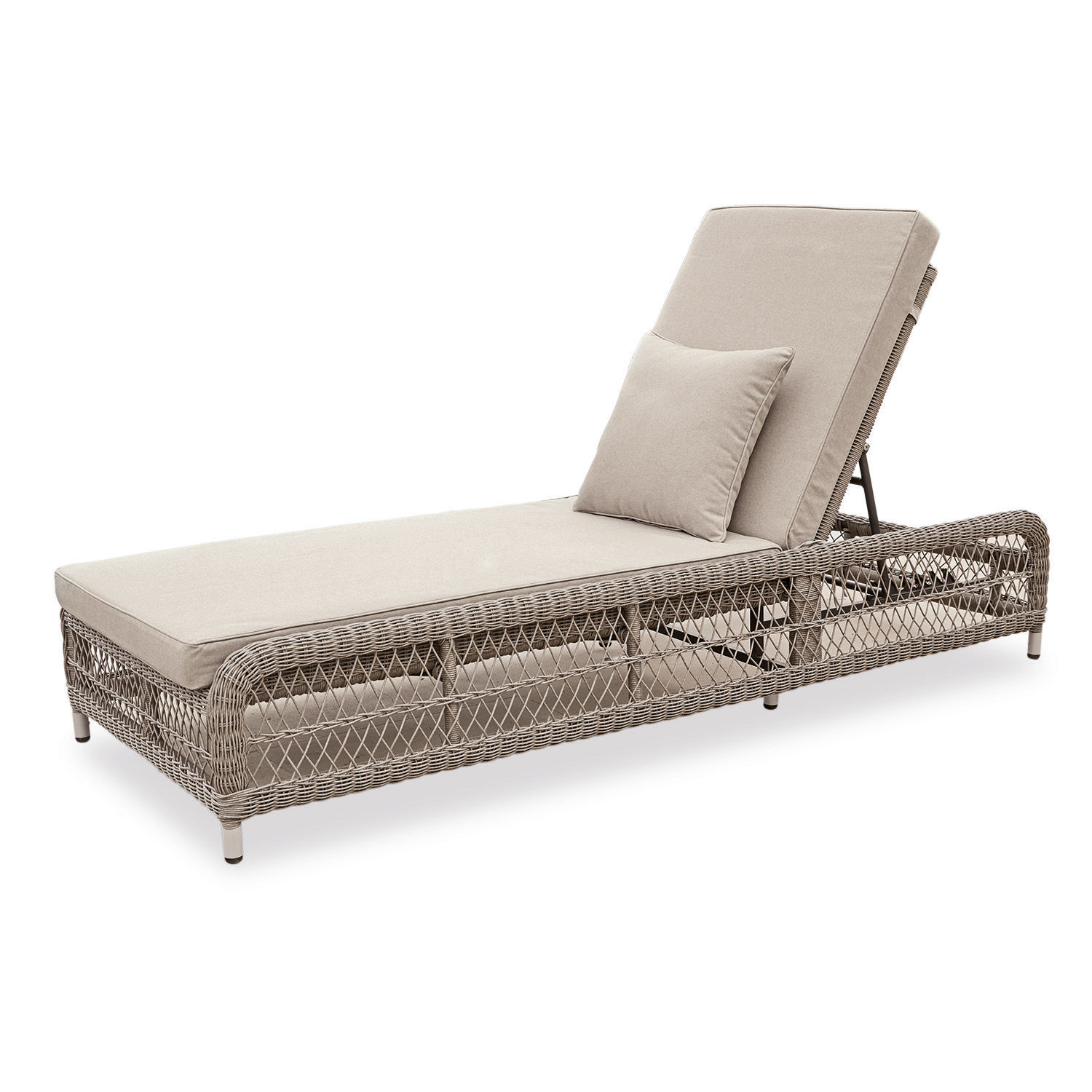 Chaise longue Hereford Chaise longue de jardin beige avec coussin et structure en rotin tressé, mobilier extérieur confortable