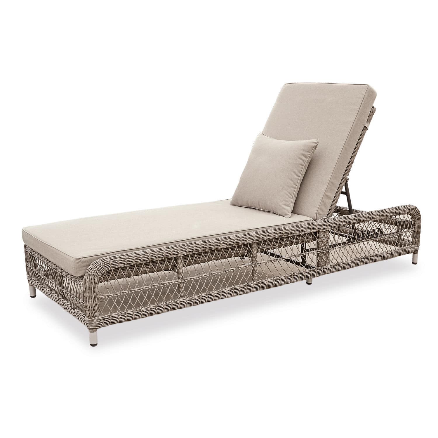 Chaise longue Hereford Chaise longue de jardin beige avec coussin et structure en rotin tressé, mobilier extérieur confortable