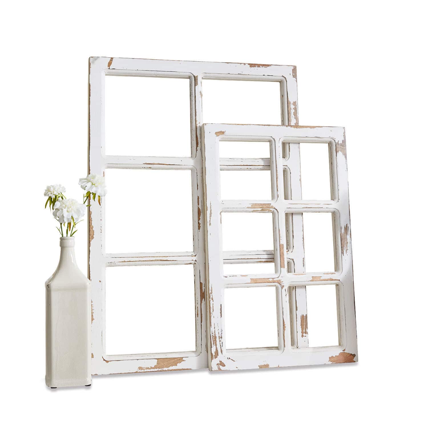 Lot de 2 fenêtres décoratives Mael Coluim Cadres de fenêtre en bois blanc vieilli avec vase et fleurs blanches pour décoration intérieure rustique