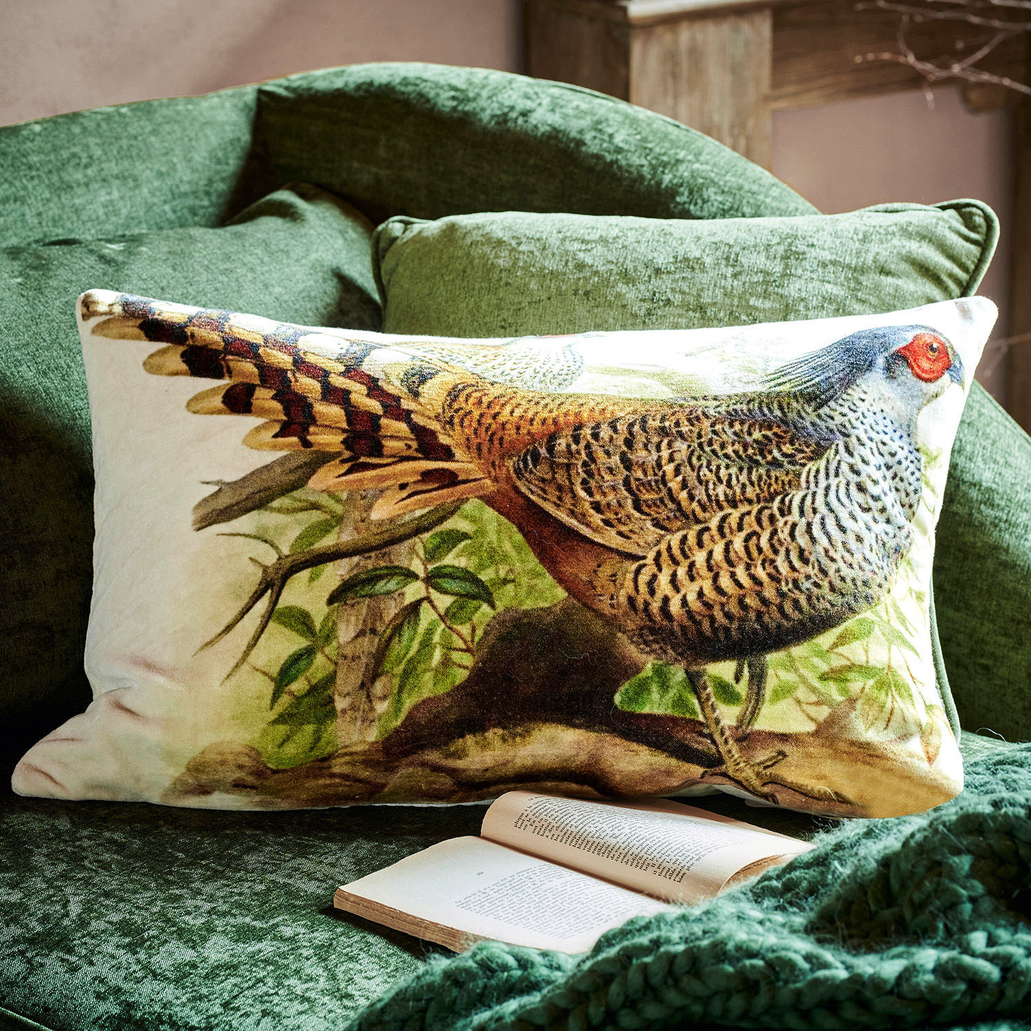 Housse de coussin Limia Coussin décoratif rectangulaire avec impression de faisan, tissu doux vert, accessoire cosy pour salon