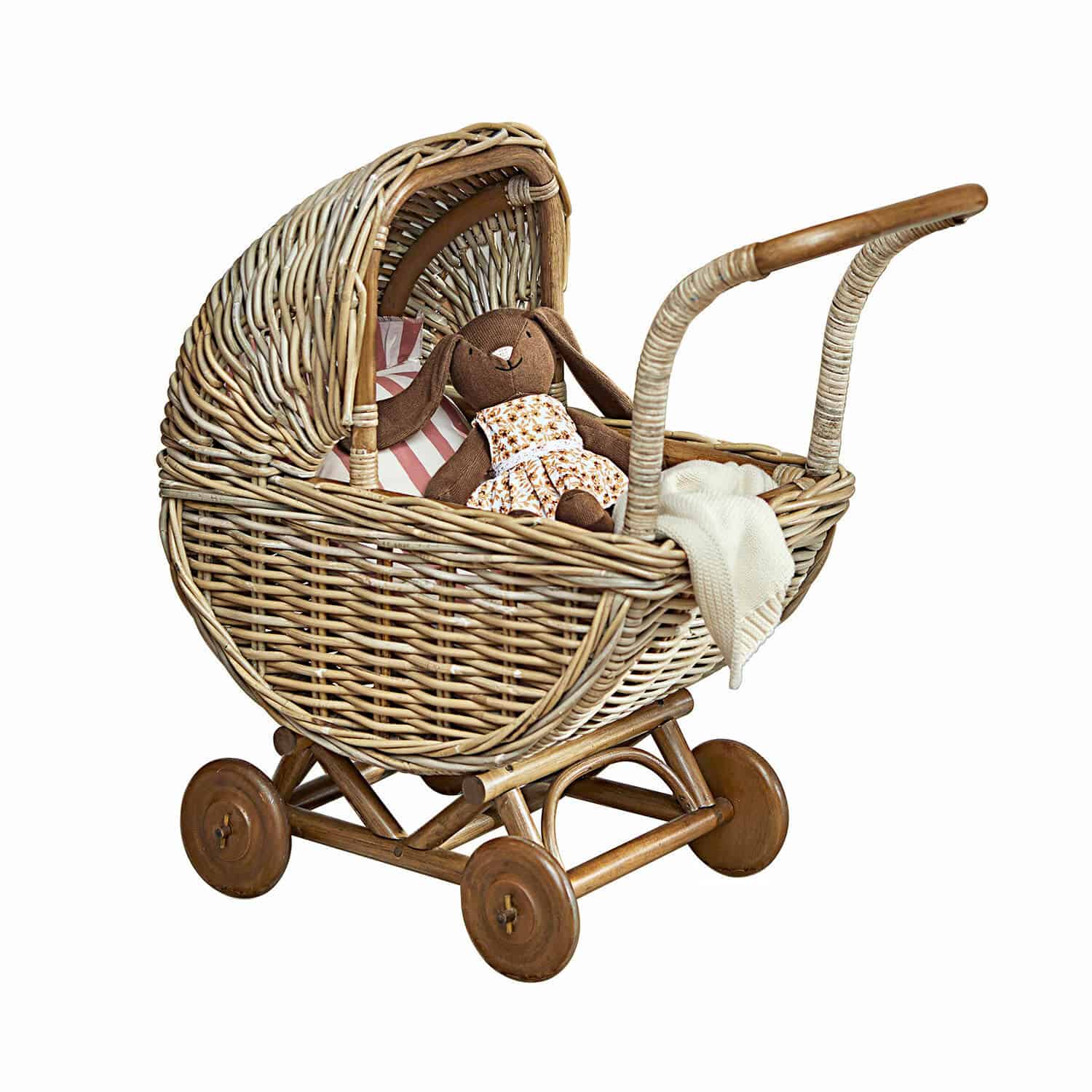 Poussette de poupée Fableton Poussette en osier avec roues en bois et lapin en peluche habillé d'une robe fleurie