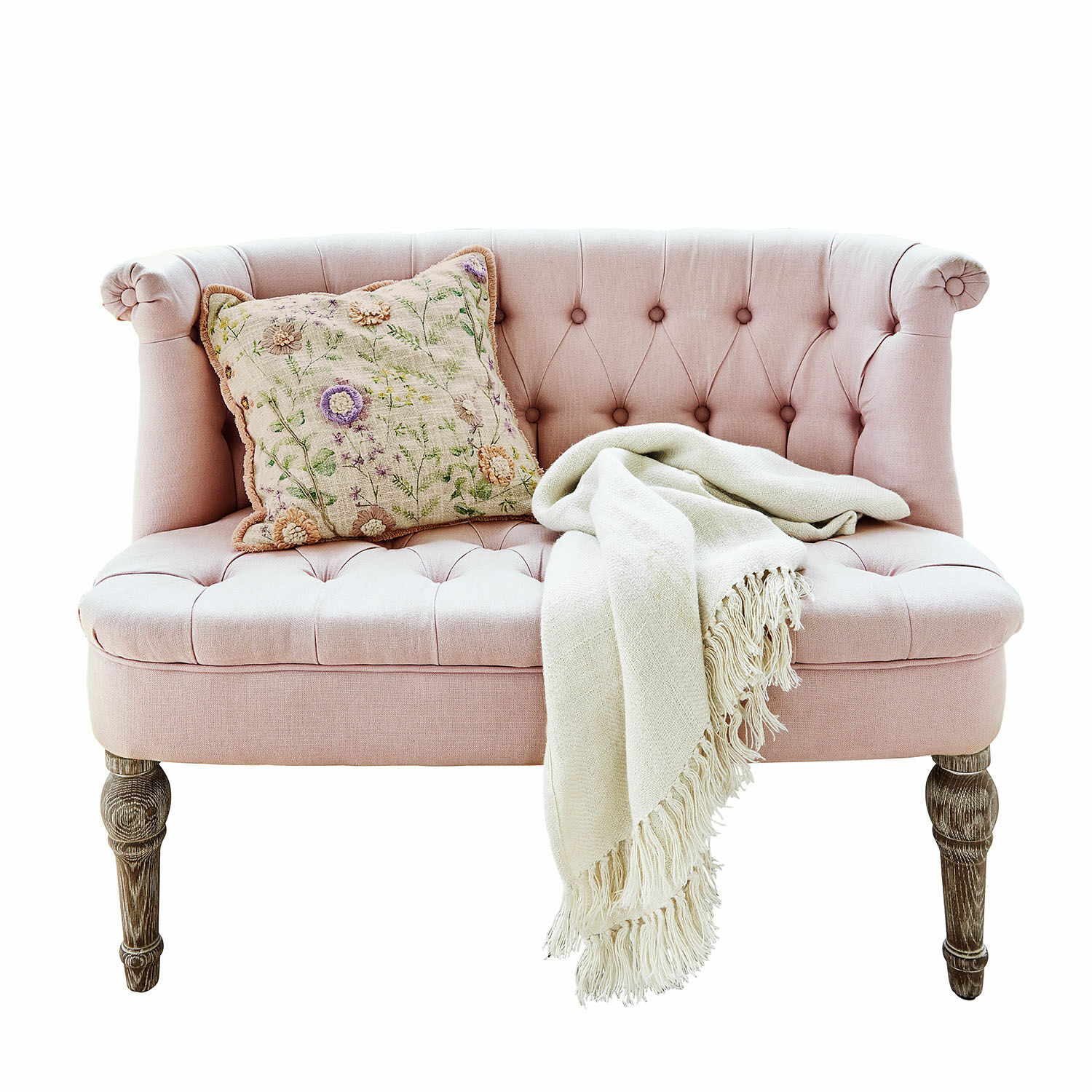 Canapé Weralin Canapé rose rembourré avec pieds en bois, coussin décoratif et plaid crème à franges