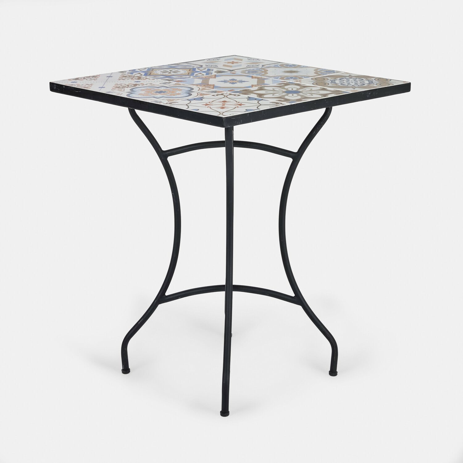 Table Céligny Table carrée avec pied en métal noir et plateau en céramique colorée à motifs décoratifs