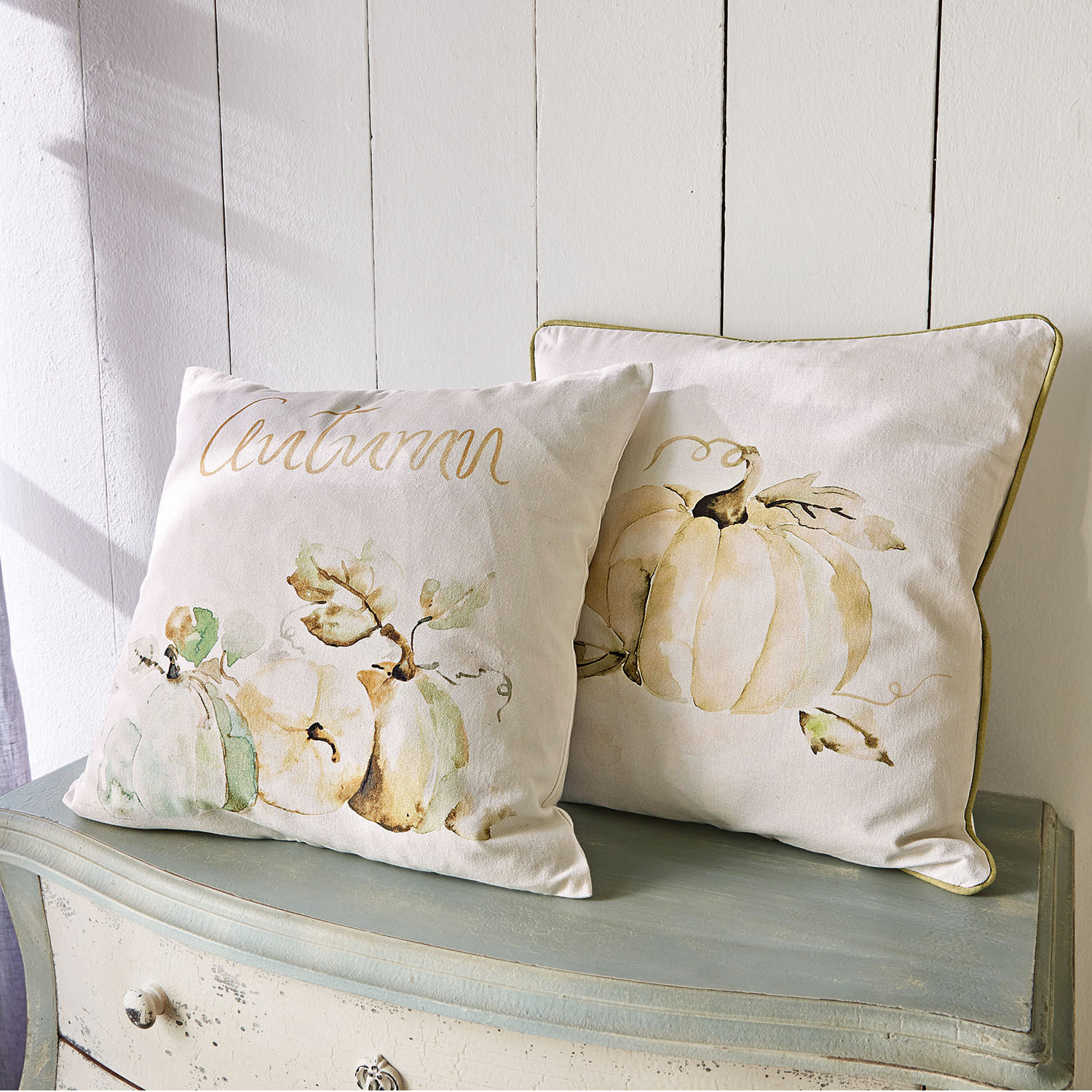 Lot de 2 housses de coussins Laubard Coussins décoratifs en coton crème avec motif citrouille et inscription autumn pour décoration automnale