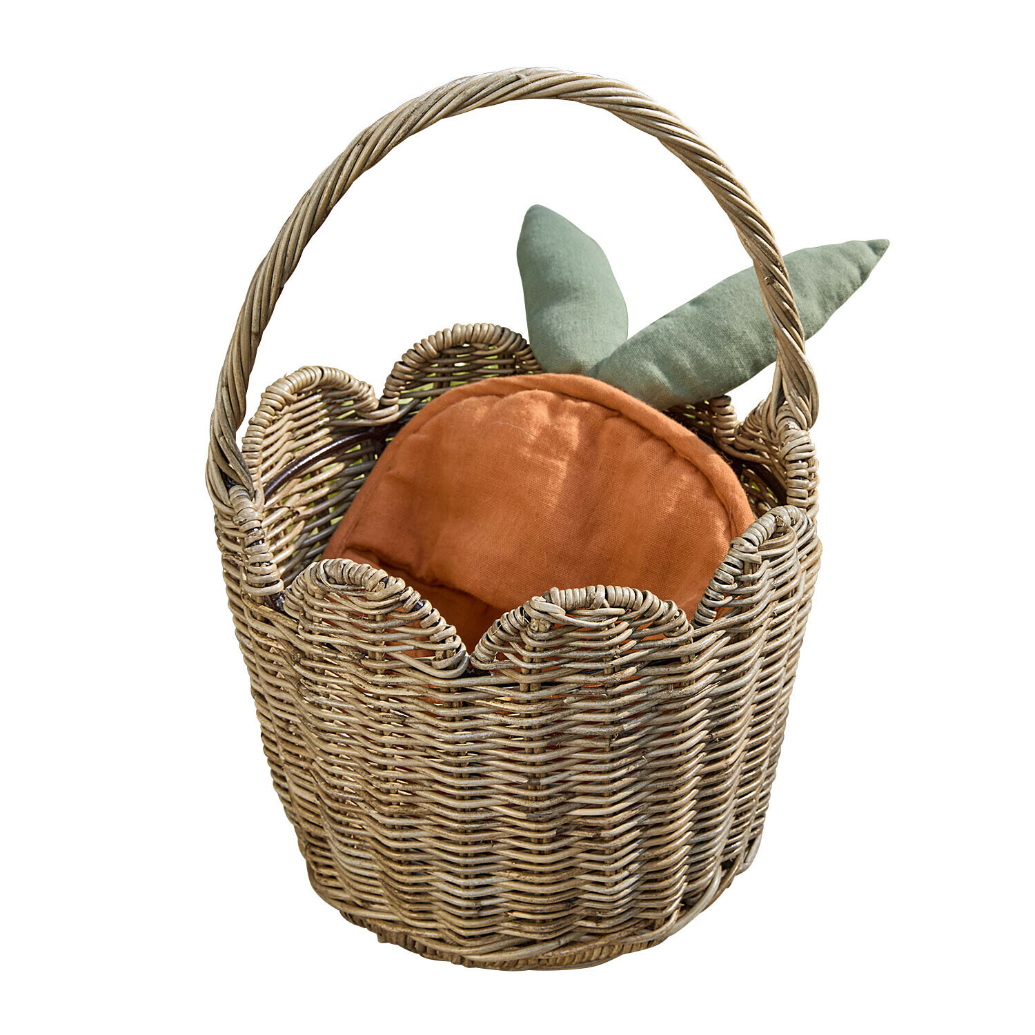 Panier Whimsywood Panier en osier avec poignée contenant un coussin en forme de carotte orange et vert