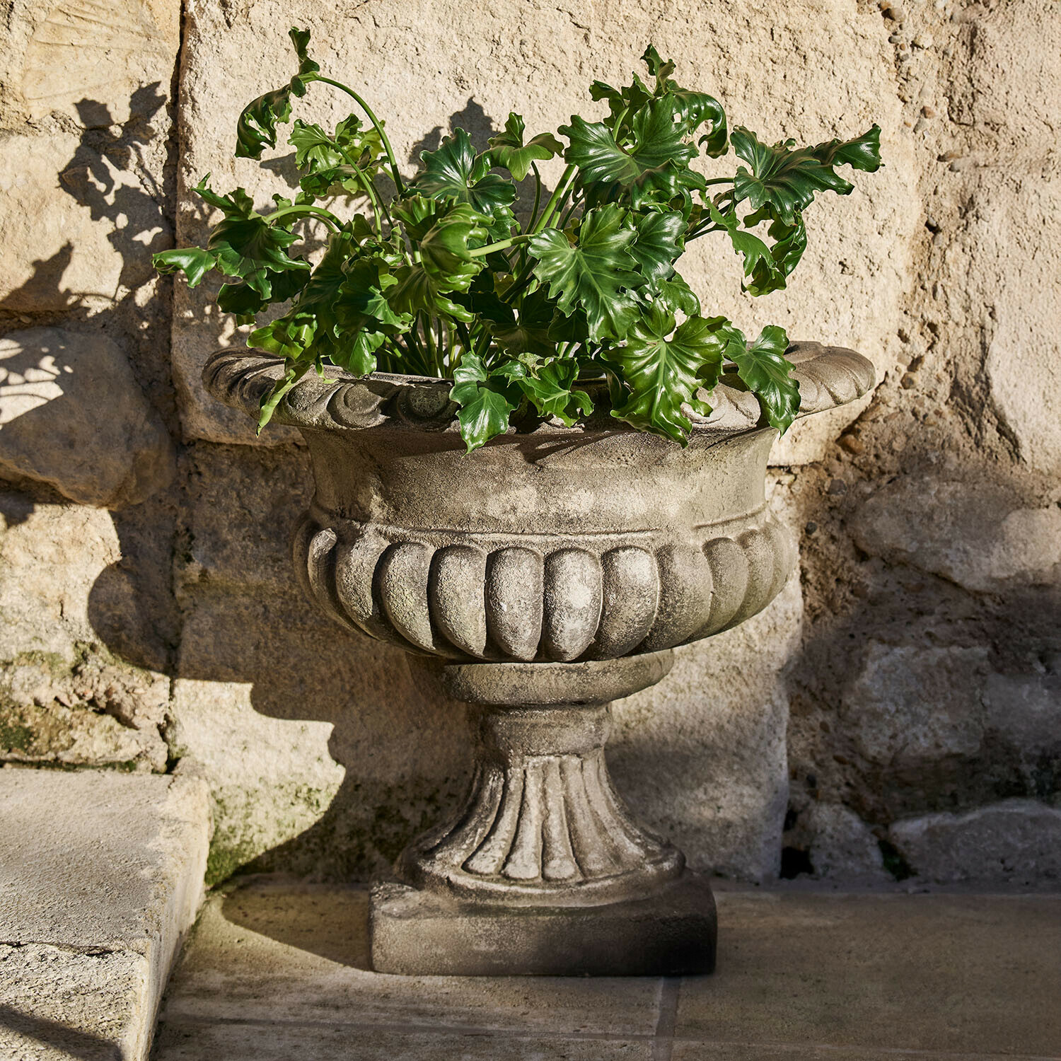 Jardinière décorative en pierre grise avec feuillage vert devant un mur en pierre