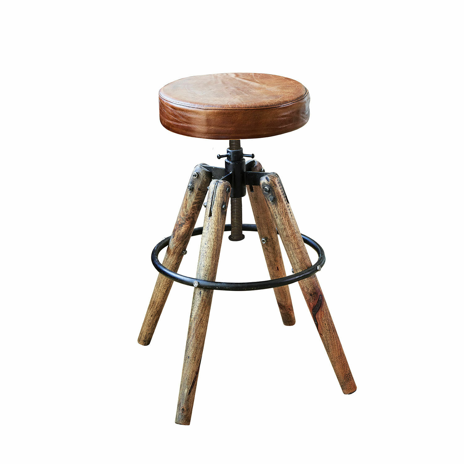marron Tabouret Twist avec assise en cuir marron et pieds en bois avec anneau métallique noir