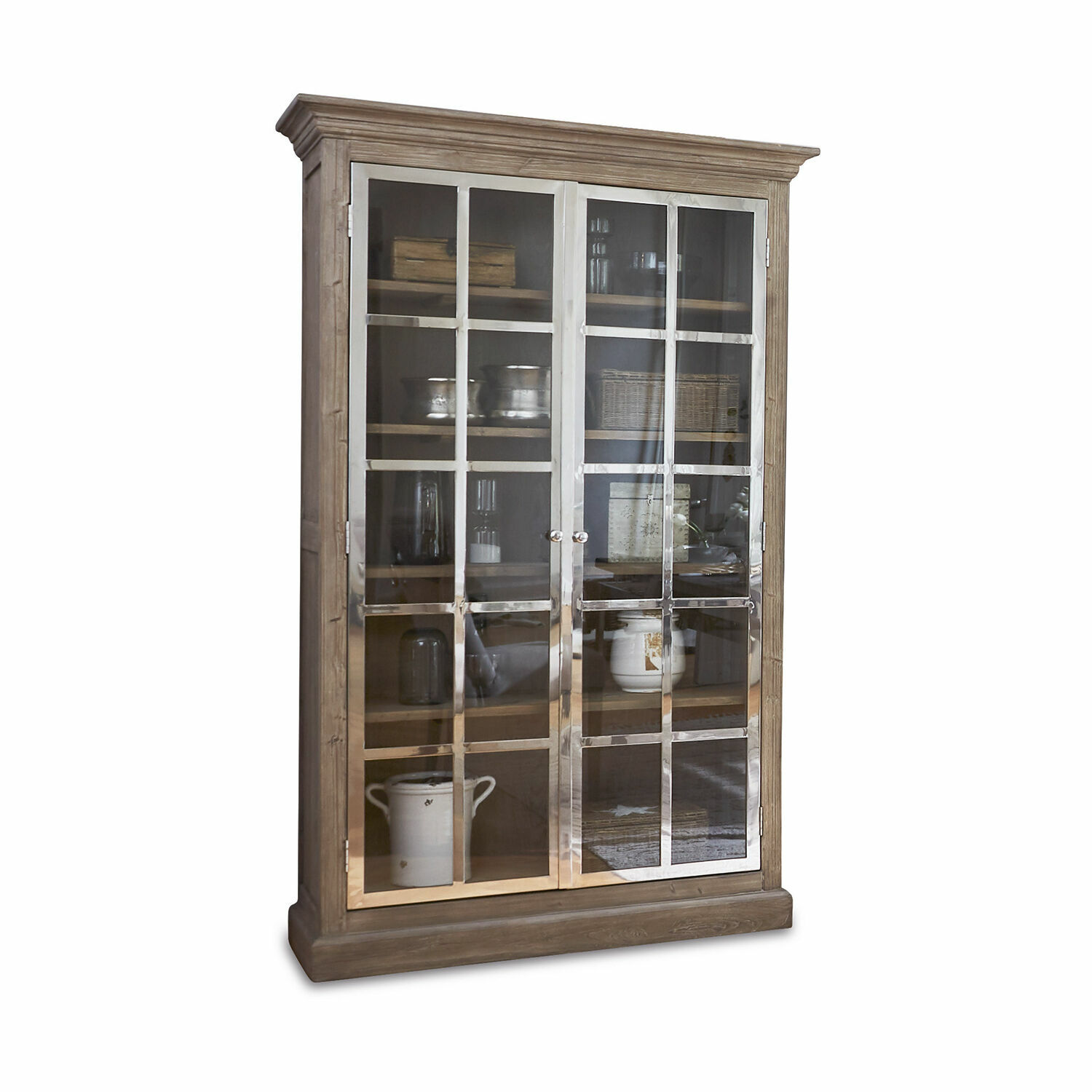 Armoire Keyport Vitrine en bois naturel avec portes vitrées à cadres métalliques, meuble de rangement élégant pour salon