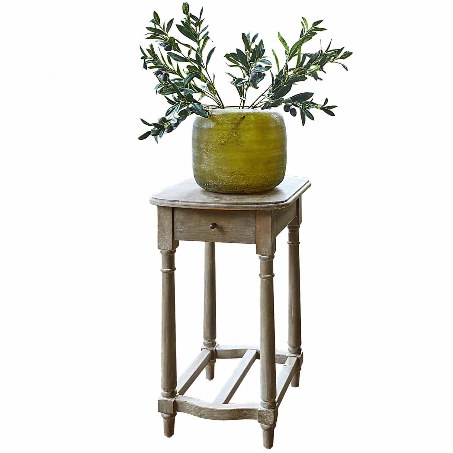 Table d'appoint Jaxeno Table en bois naturel avec tiroir, pot en céramique verte et branches d'olivier décoratives