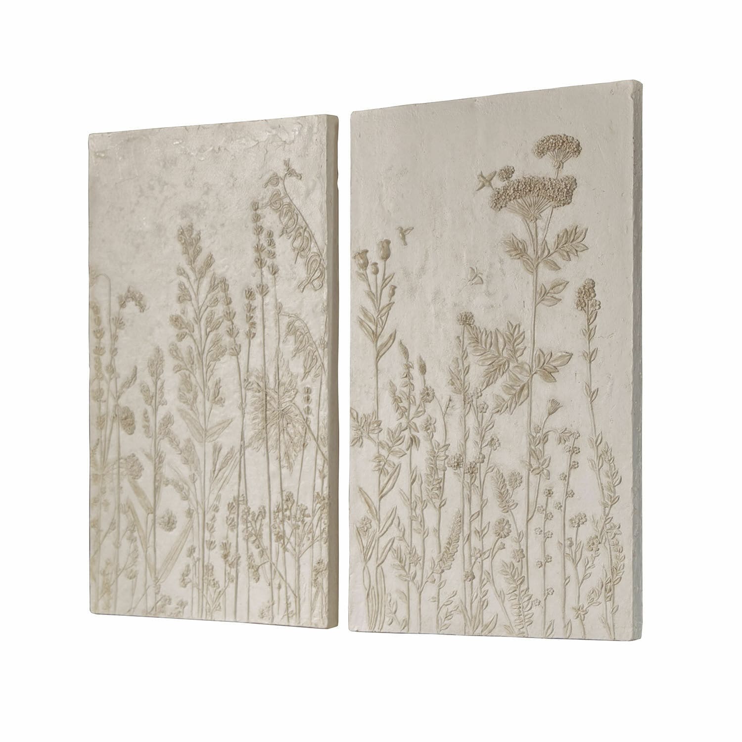 Lot de 2 tableaux Almahara Panneaux muraux décoratifs en relief végétal beige en matériau effet pierre pour décoration intérieure