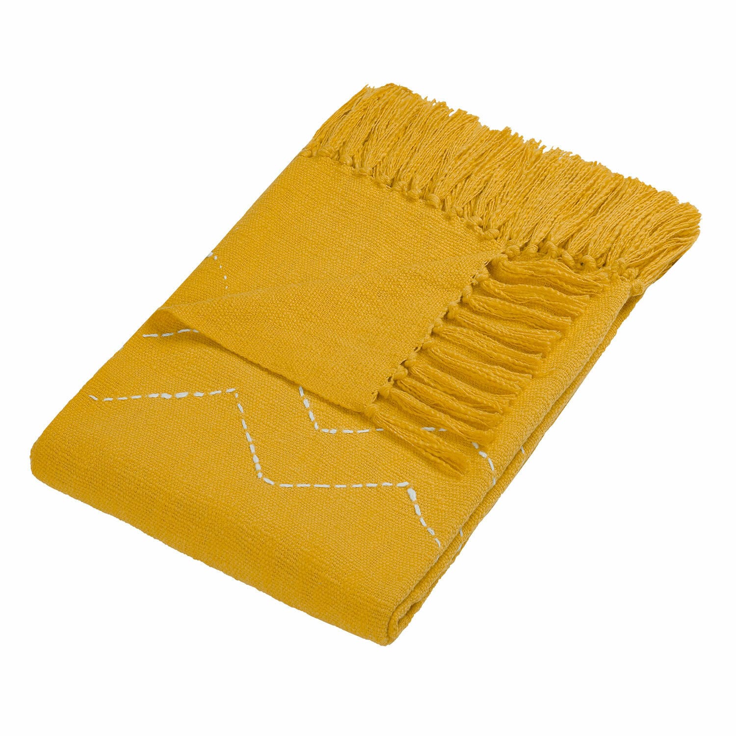 Plaid Misstos Plaid jaune en coton avec franges et motif géométrique blanc, couverture douce décorative
