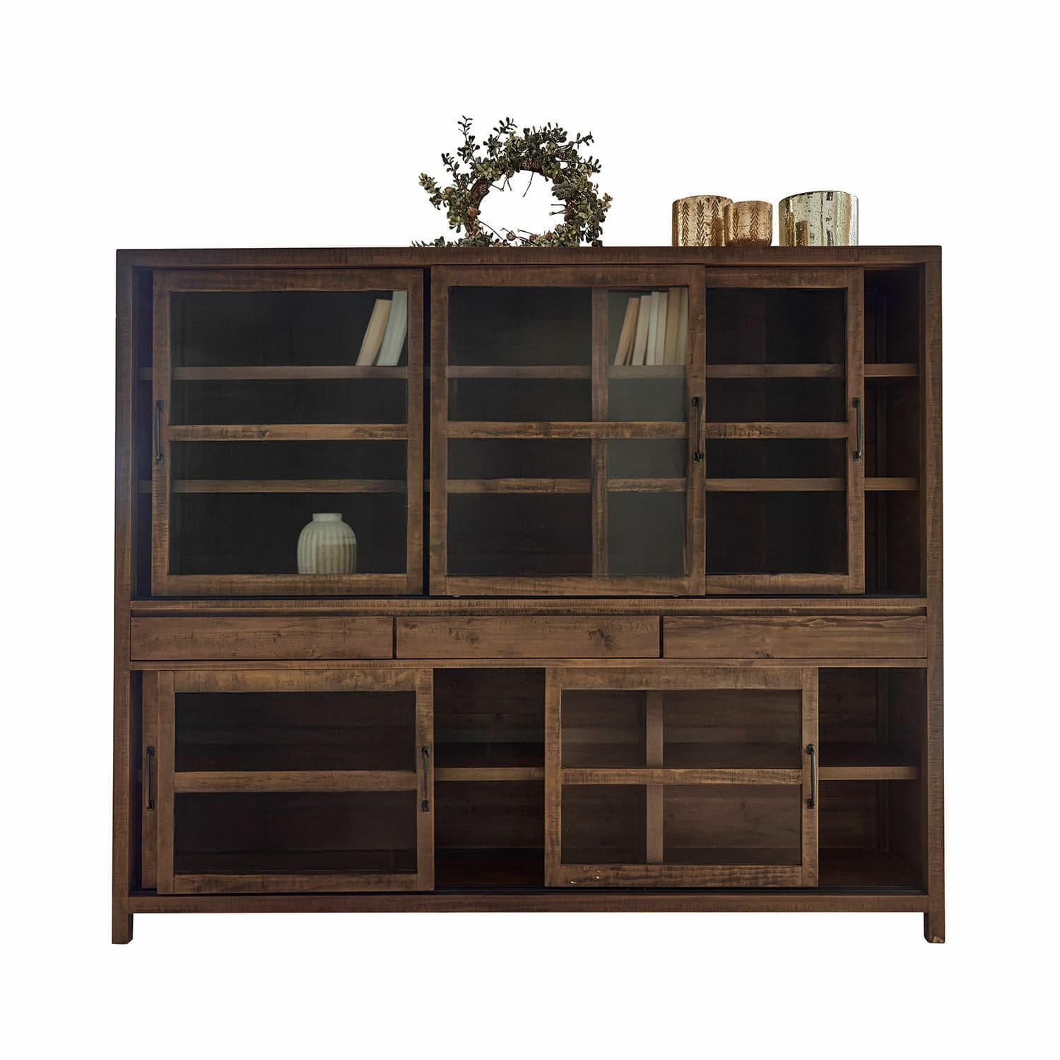 Buffet Whitborne Grande vitrine en bois brun avec portes vitrées et étagères, meuble de salon élégant