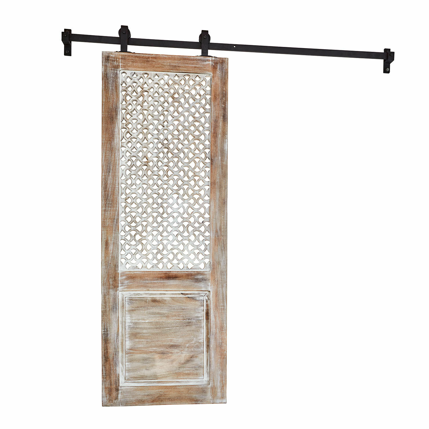 Porte coulissante Miette Porte coulissante rustique en bois de manguier naturel avec motif ajouré et rail en métal noir