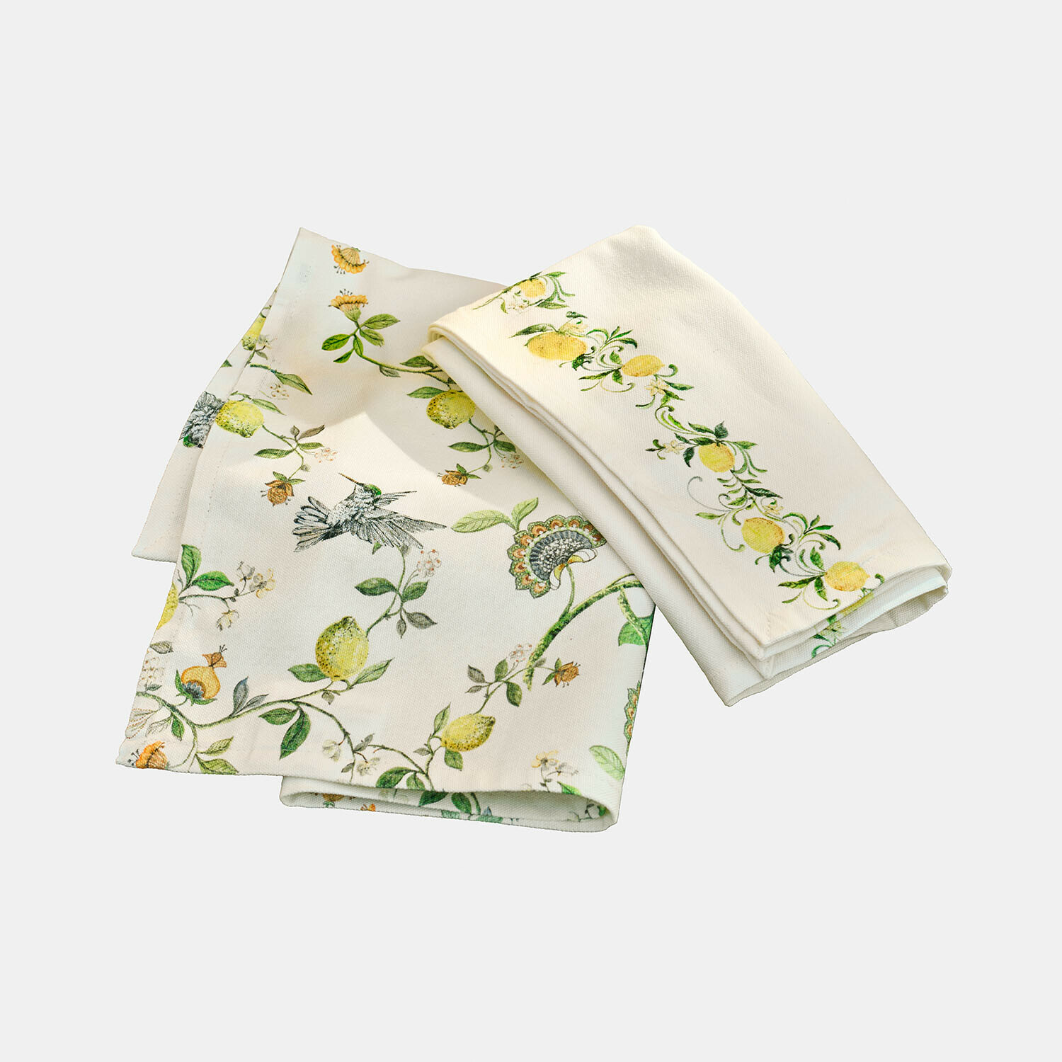 Lot de 2 torchons Solianne Ensemble de deux torchons en coton crème avec motif citron et oiseaux pour cuisine élégante