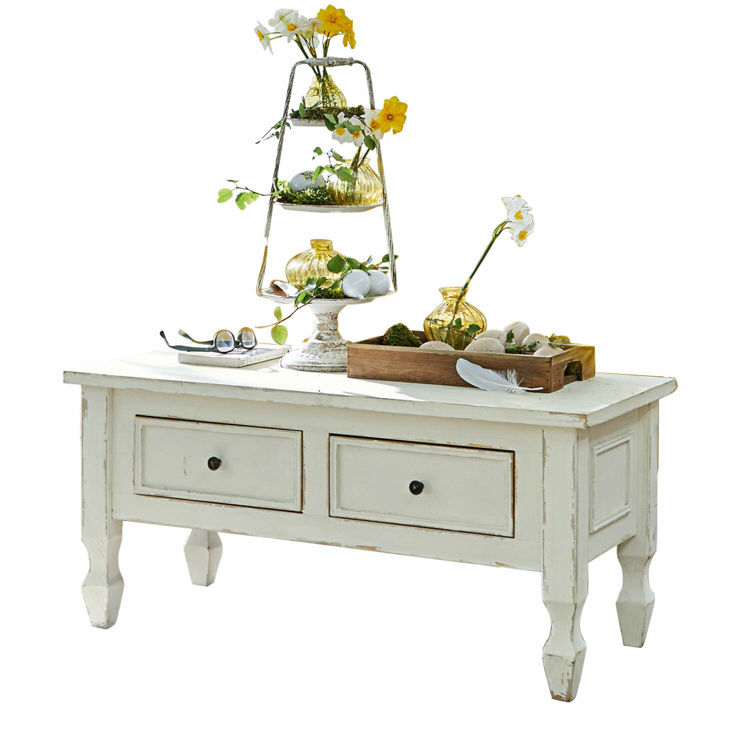 Table basse Yurielka Table basse blanche en bois avec tiroirs et décoration printanière jaune et verre sur le dessus