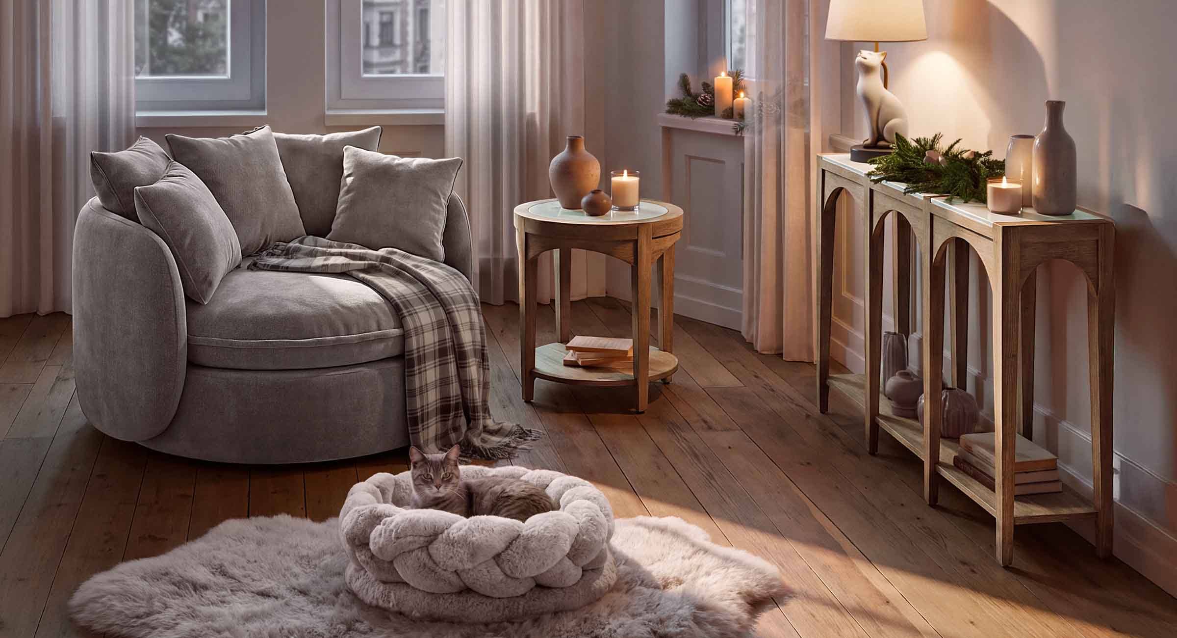 Panier gris douillet pour chat sur tapis moelleux dans un salon moderne avec meubles en bois