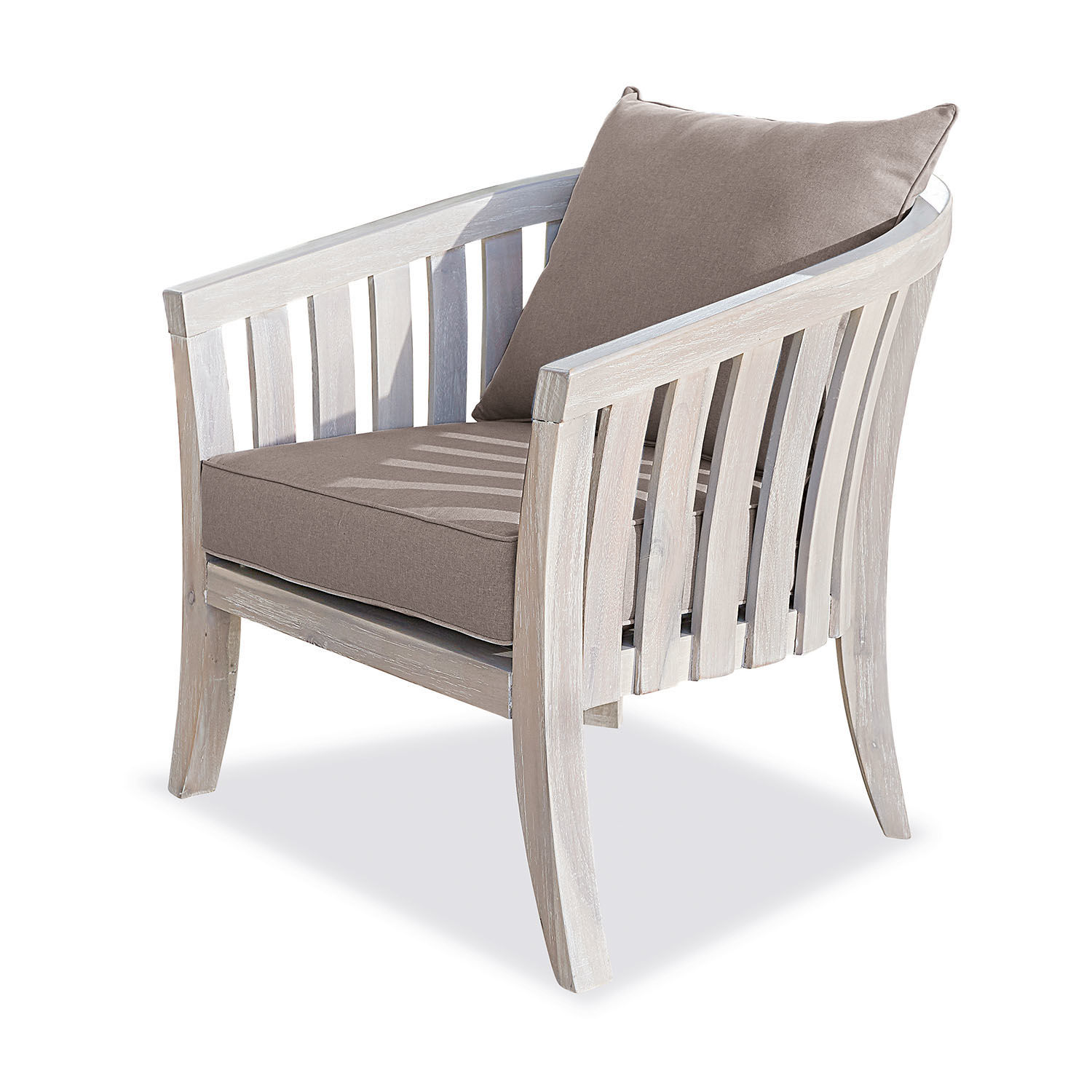 Fauteuil Seanad Fauteuil en bois blanc patiné avec coussins marron, meuble confortable pour salon