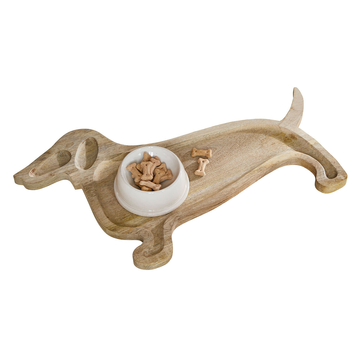Support pour gamelle Brisette Planche en bois en forme de chien avec bol blanc et friandises pour chien sur fond blanc