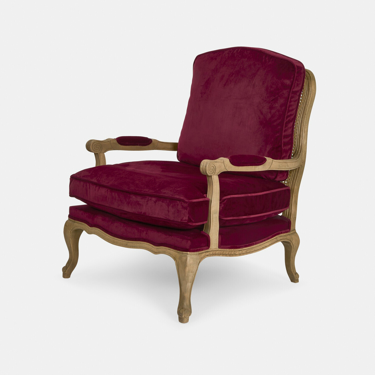 Fauteuil Corlay Fauteuil en bois avec coussins en velours bordeaux, meuble classique pour salon
