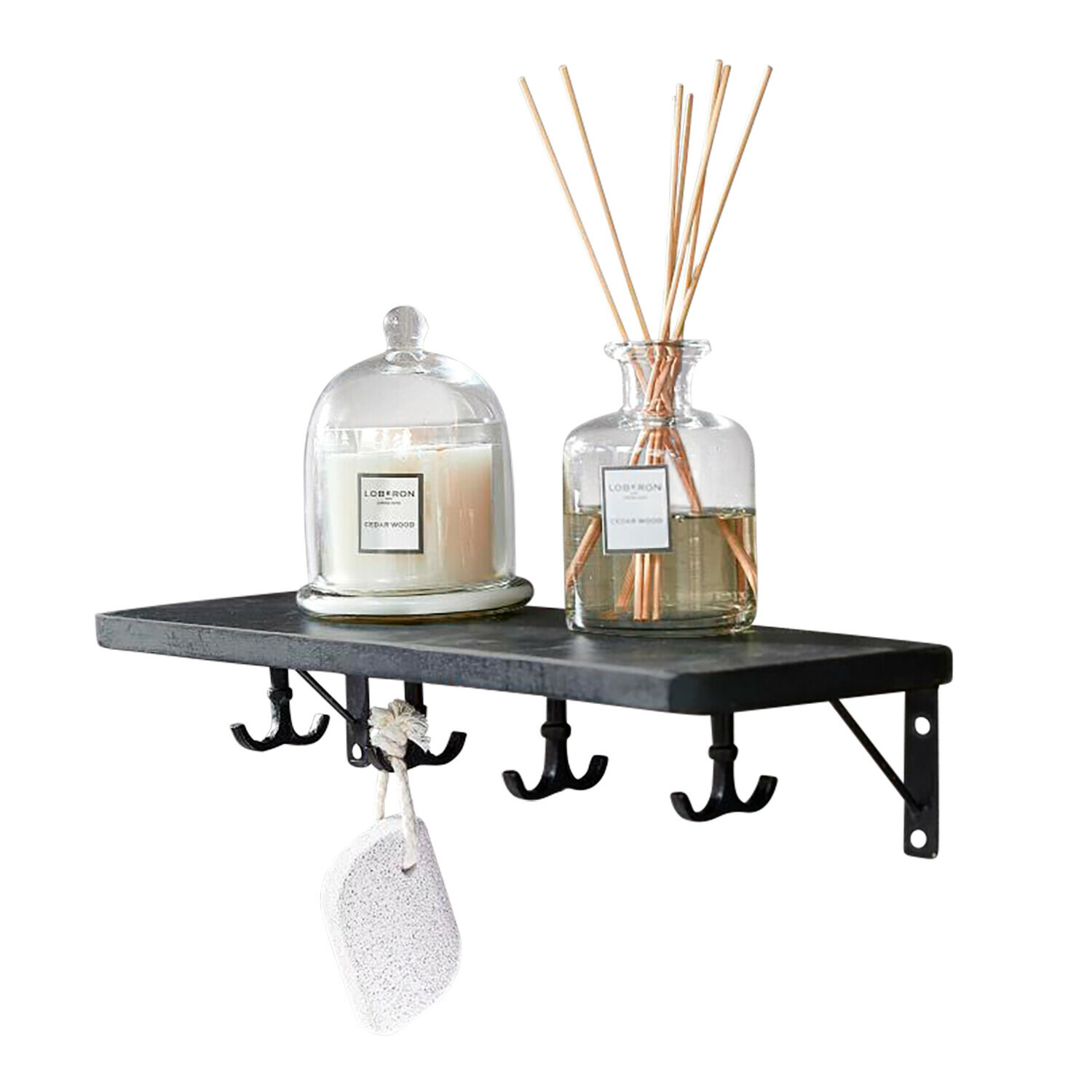 Étagère murale Agnessa Étagère murale noire en métal avec crochets, bougie sous cloche et diffuseur de parfum bois de cèdre