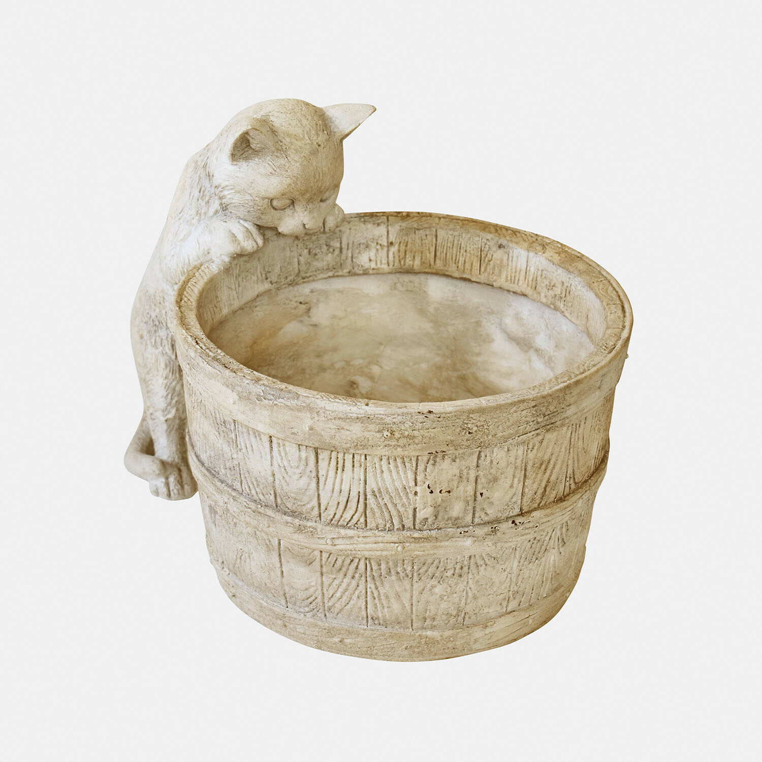 Cache-pot Finløf Jardinière en pierre beige avec figurine de chat grimpant sur le bord, décoration extérieure élégante