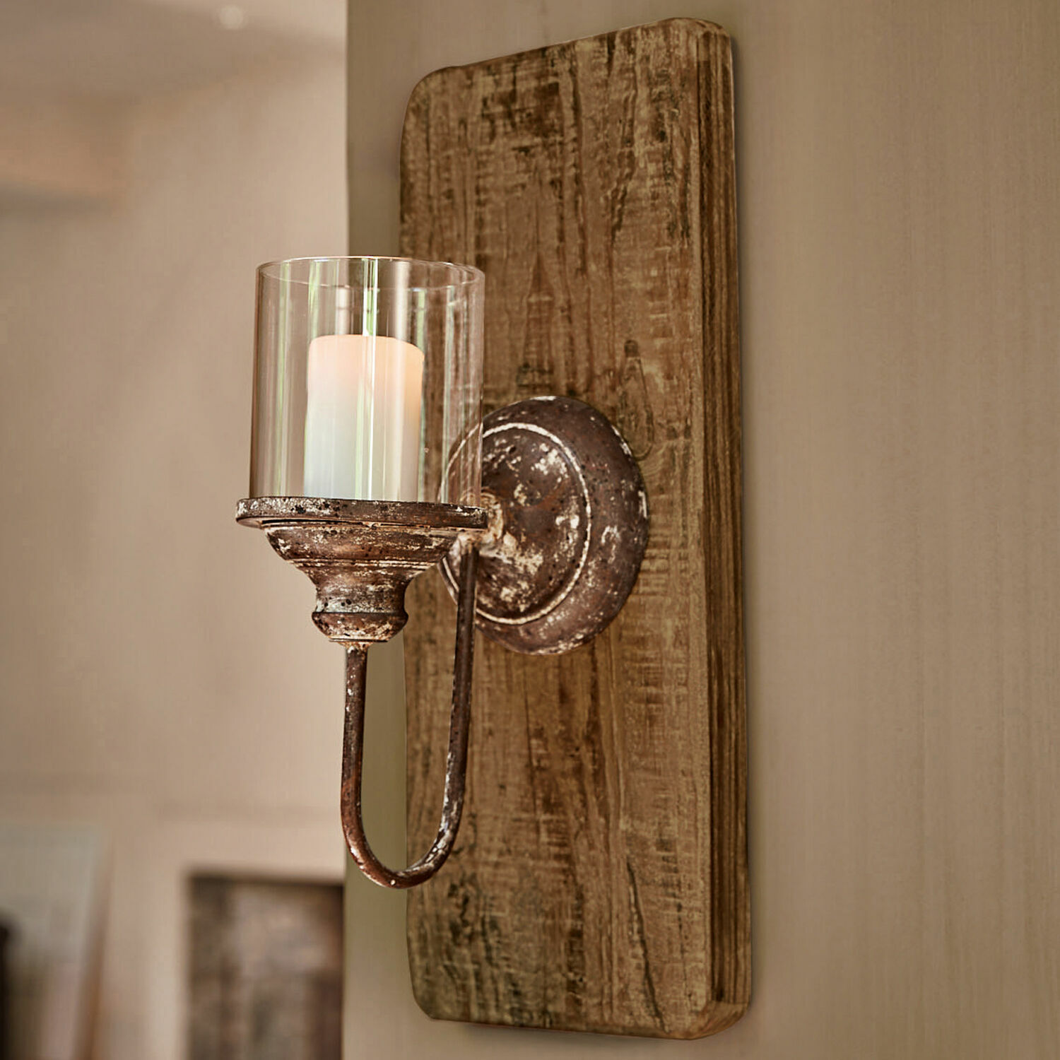 Chandelier mural Vios Applique murale rustique en métal et bois marron avec protection pour bougie pour décoration murale