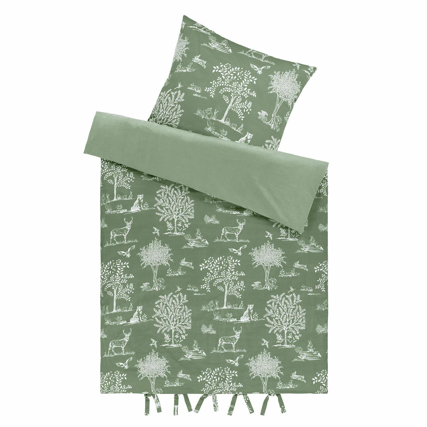 Parure de lit Tayora Parure de lit verte en coton avec motifs blancs d'arbres et d'animaux forestiers, décorative et confortable