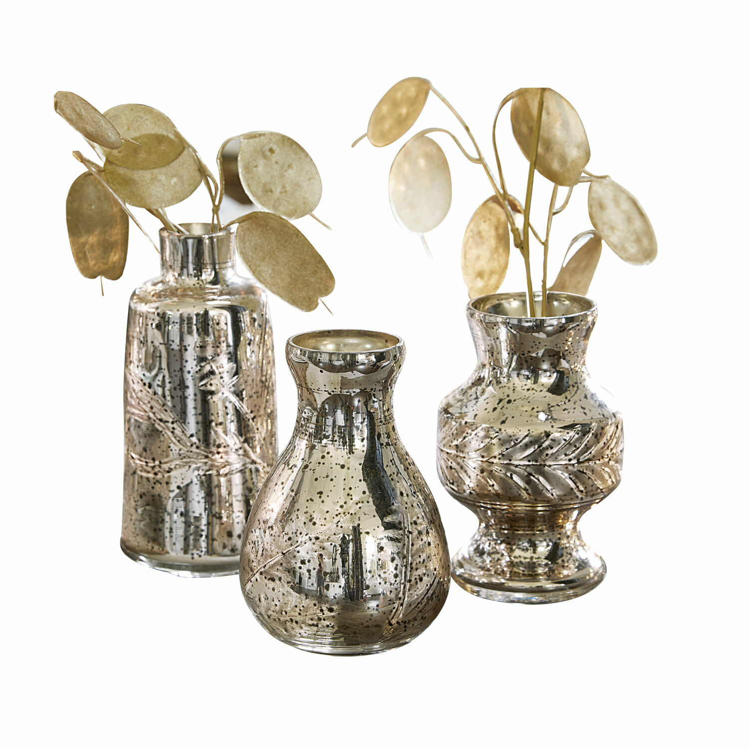 Lot de 3 vases Briolique Ensemble de trois vases décoratifs en verre argenté avec motif de feuilles et accents dorés