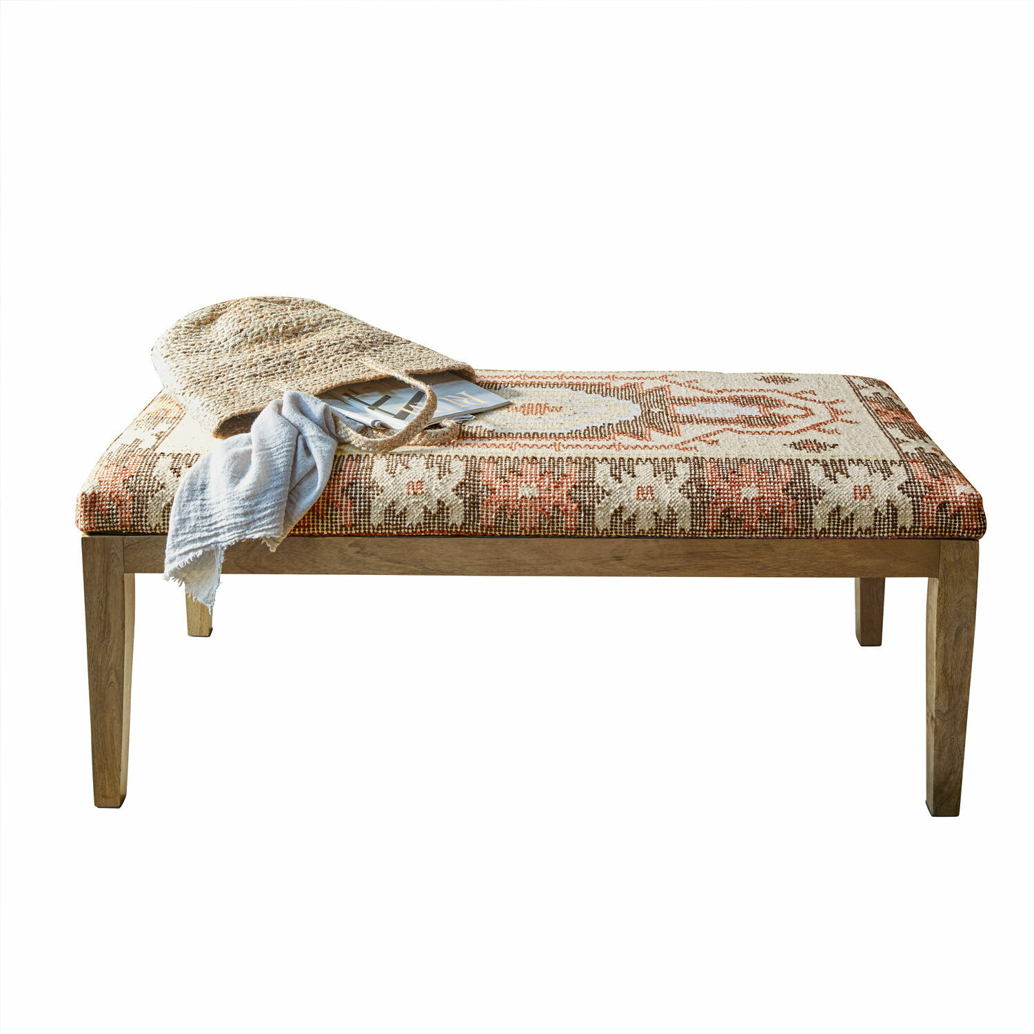 Banc Kadiran Banc en bois avec assise tapissée beige et marron à motif, meuble décoratif et fonctionnel pour salon
