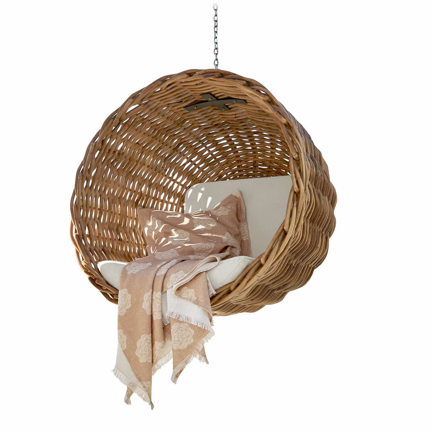 Fauteuil suspendu Nirevox Fauteuil suspendu en rotin naturel avec coussin clair et plaid beige à motif floral pour détente intérieure