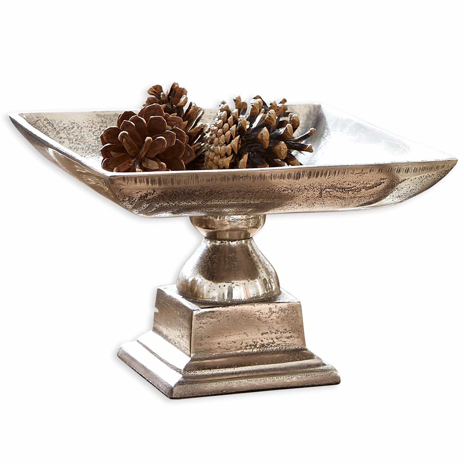 Coupe Philippa Coupe décorative en métal argenté sur pied avec pommes de pin, décoration intérieure élégante