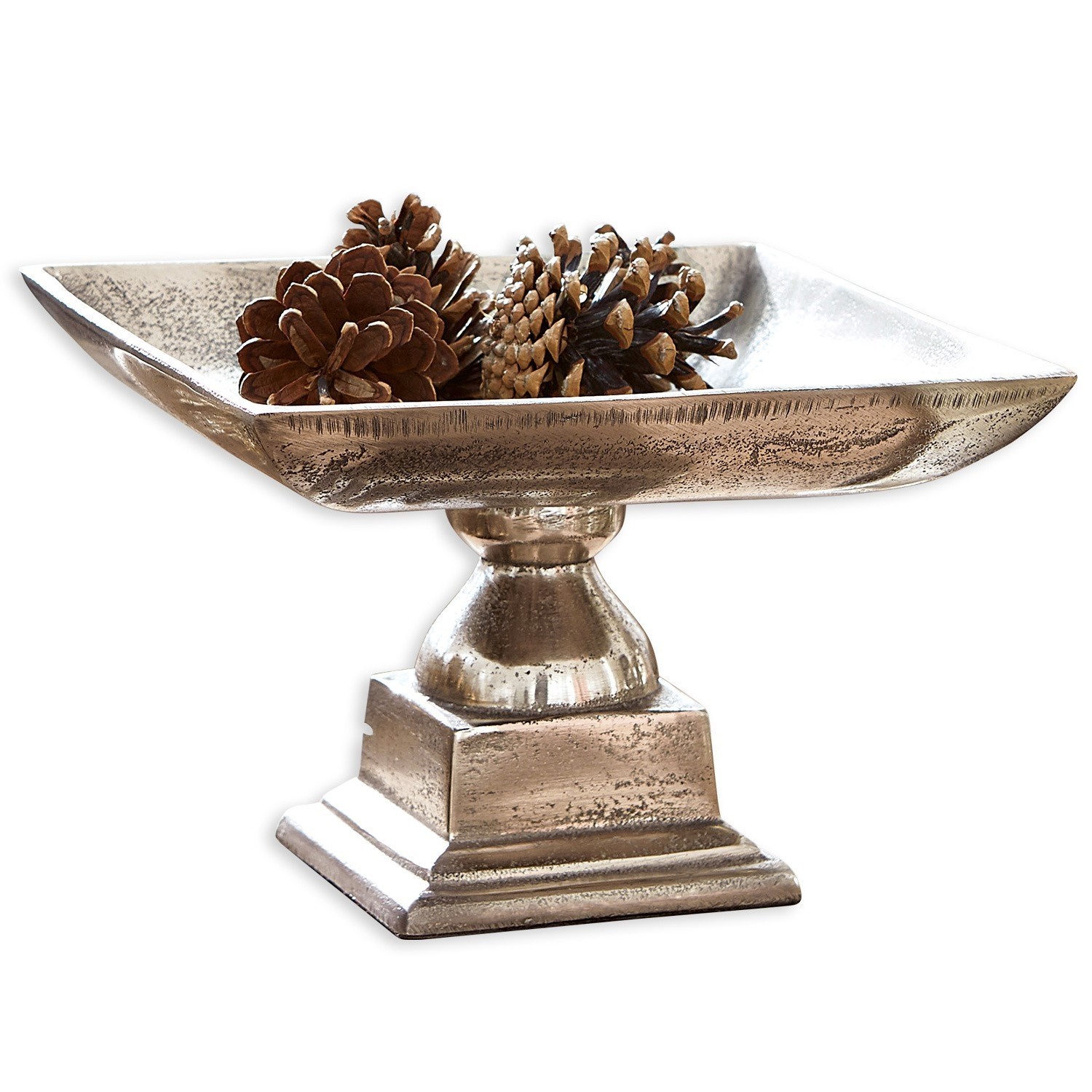 Coupe Philippa Coupe décorative en métal argenté sur pied avec pommes de pin, décoration intérieure élégante